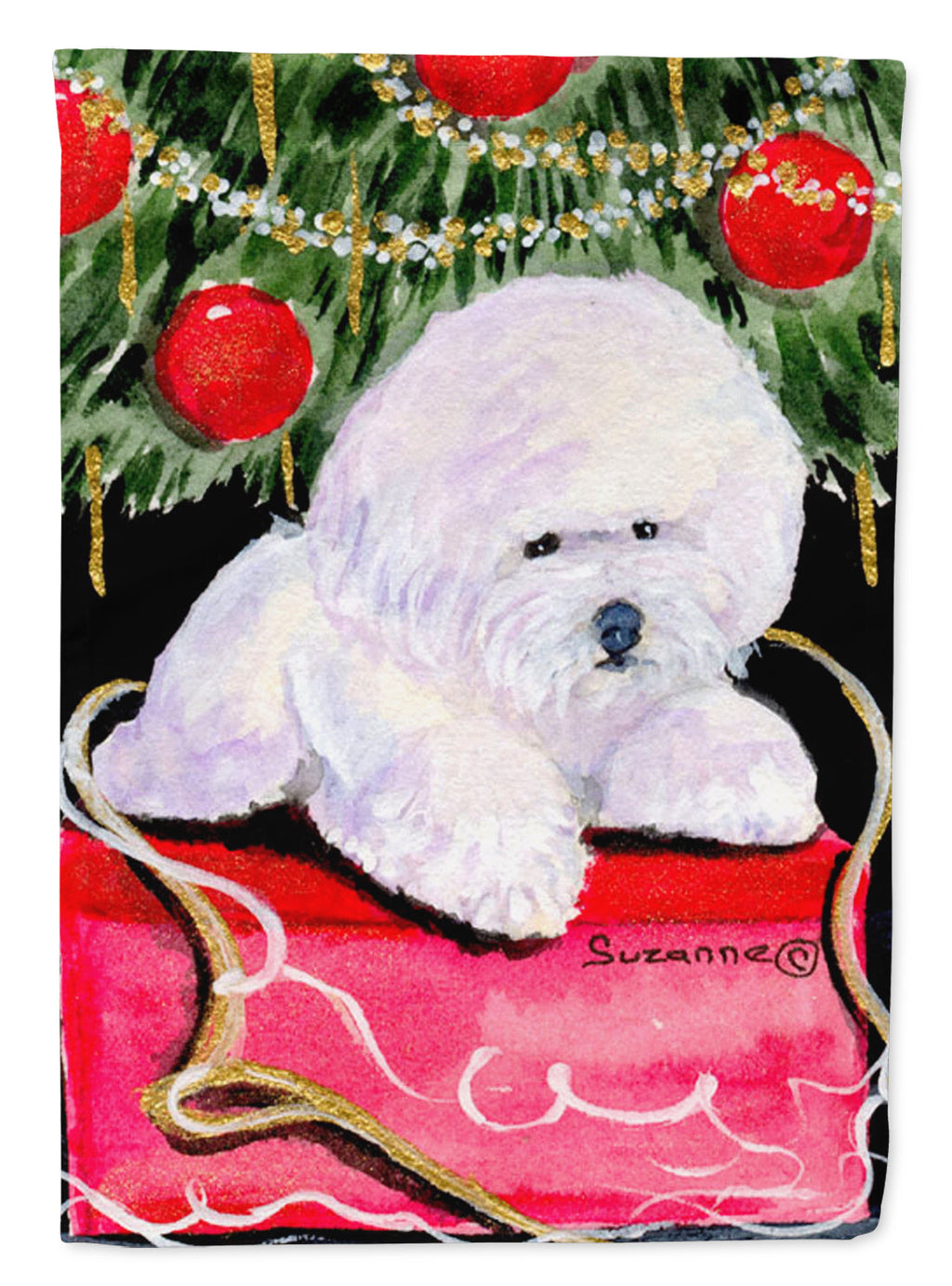 Christmas Tree with  Bichon Frise House Flag 28x40 Porch Sleeve Pole Decorative Outside Yard Banner Artwork Wall Hanging, Polyester