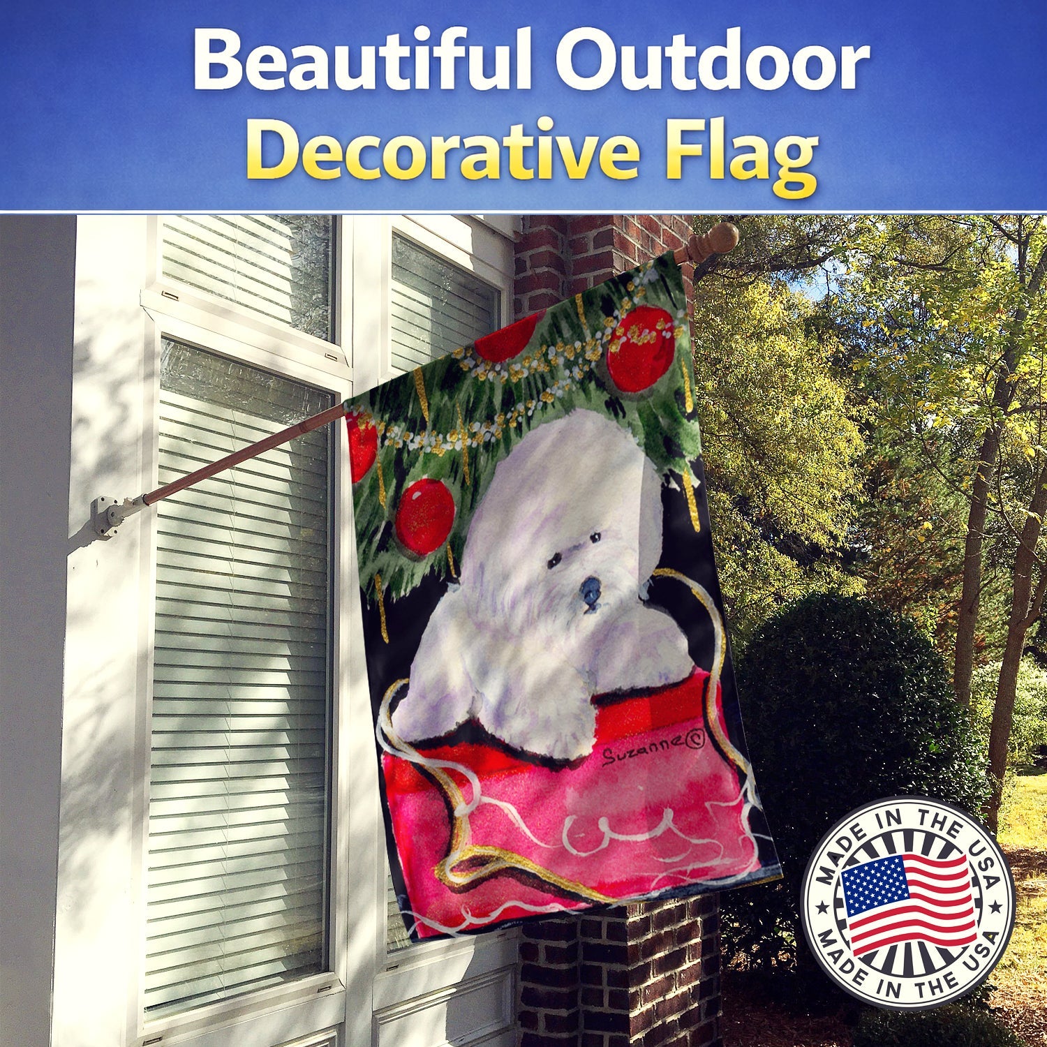 Christmas Tree with  Bichon Frise House Flag 28x40 Porch Sleeve Pole Decorative Outside Yard Banner Artwork Wall Hanging, Polyester