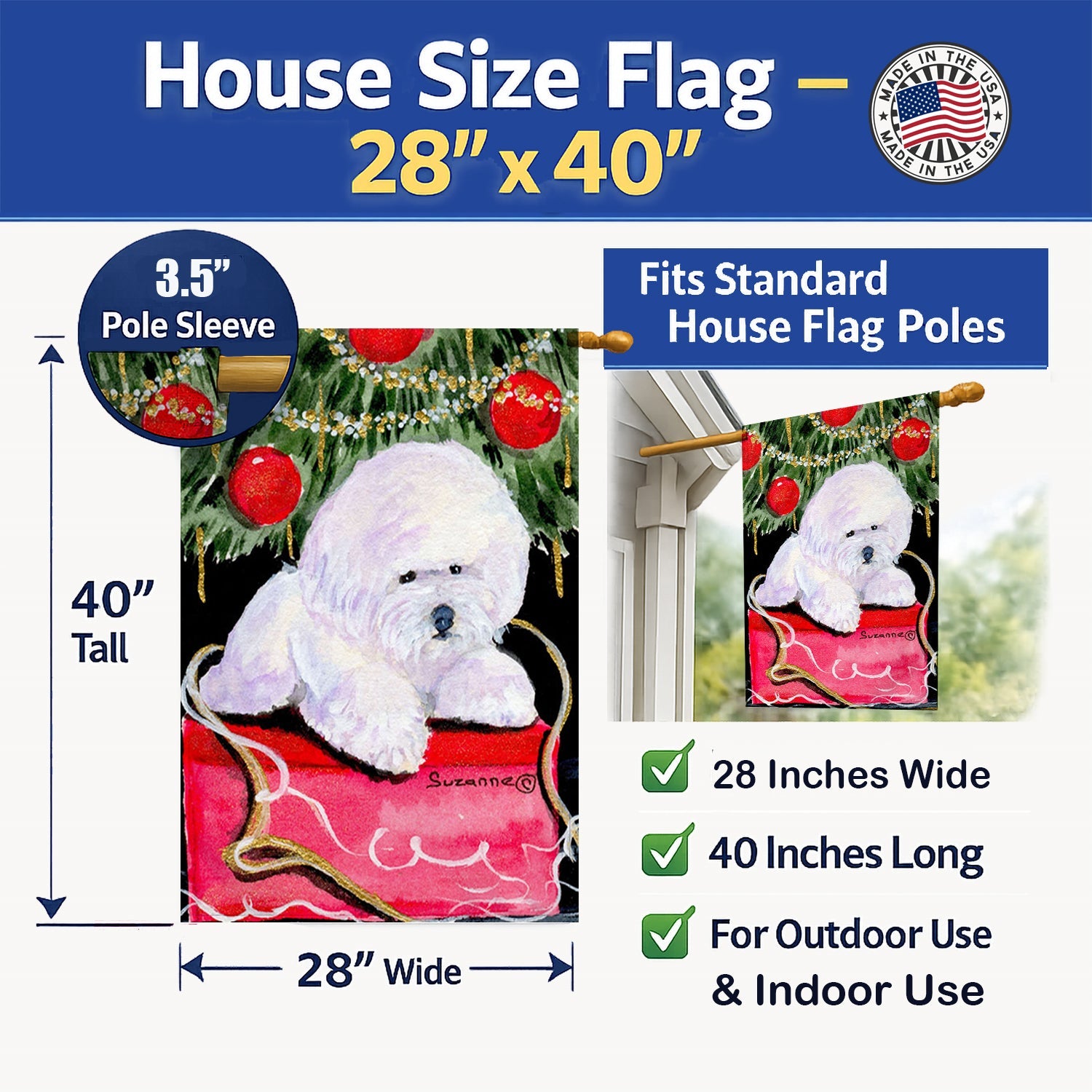Christmas Tree with  Bichon Frise House Flag 28x40 Porch Sleeve Pole Decorative Outside Yard Banner Artwork Wall Hanging, Polyester