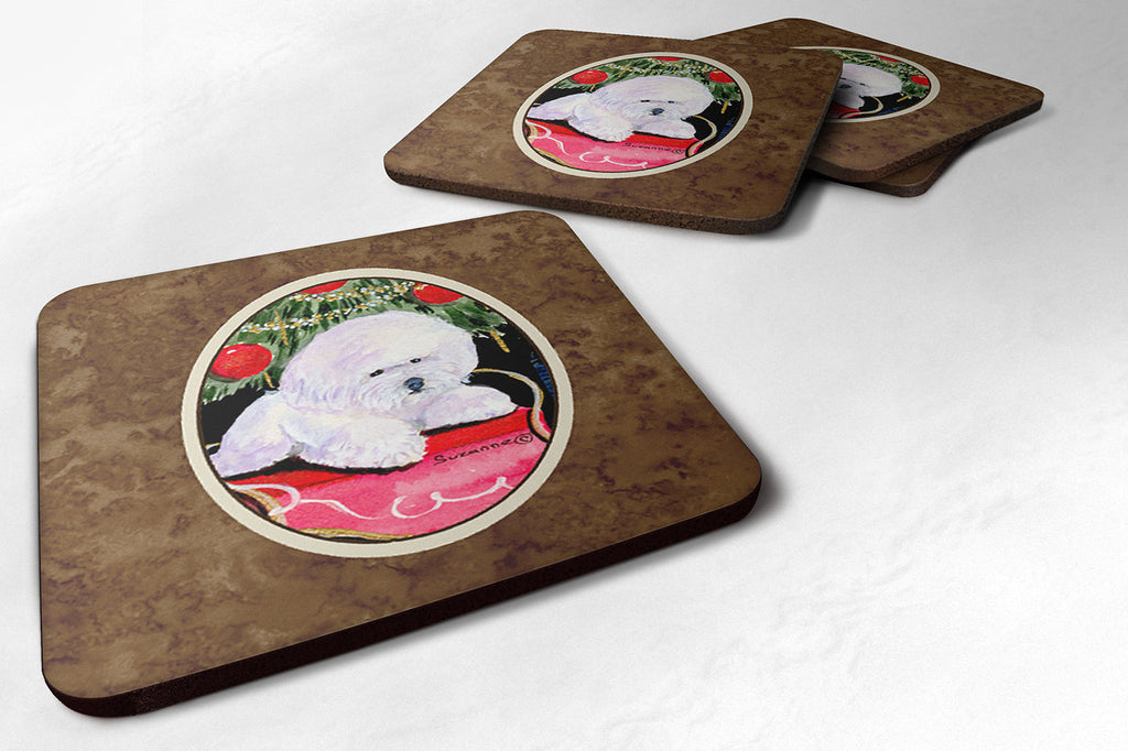 Christmas Tree with  Bichon Frise Foam Coasters Set of 4 Cup Coasters for Indoor Outdoor, Tabletop Protection, Anti Slip, Mouse pad Material