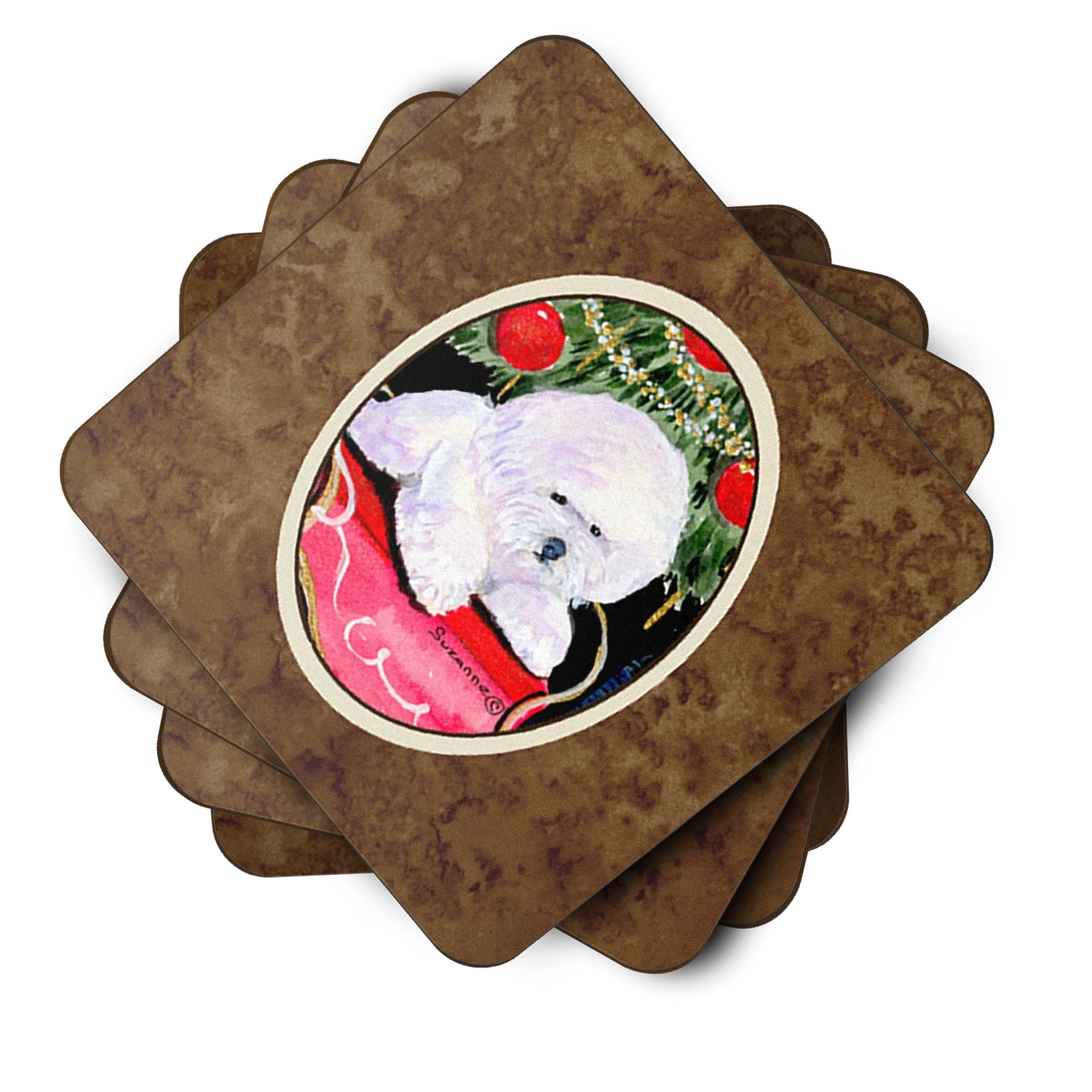 Christmas Tree with  Bichon Frise Foam Coasters Set of 4 Cup Coasters for Indoor Outdoor, Tabletop Protection, Anti Slip, Mouse pad Material