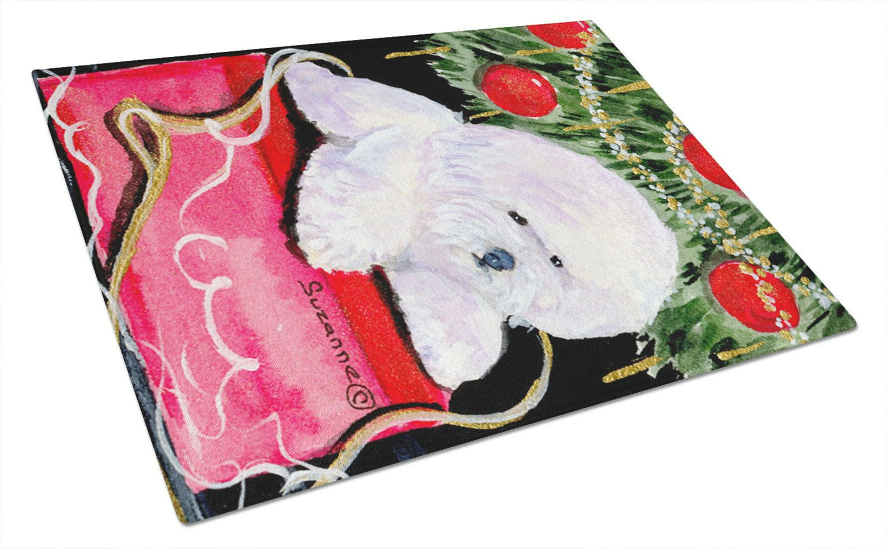 Christmas Tree with  Bichon Frise Cutting Board Tempered Glass Kitchen Cutting Surface, Heat Resistant Chopping, Non-Slip Feet, Food Prep & Serving