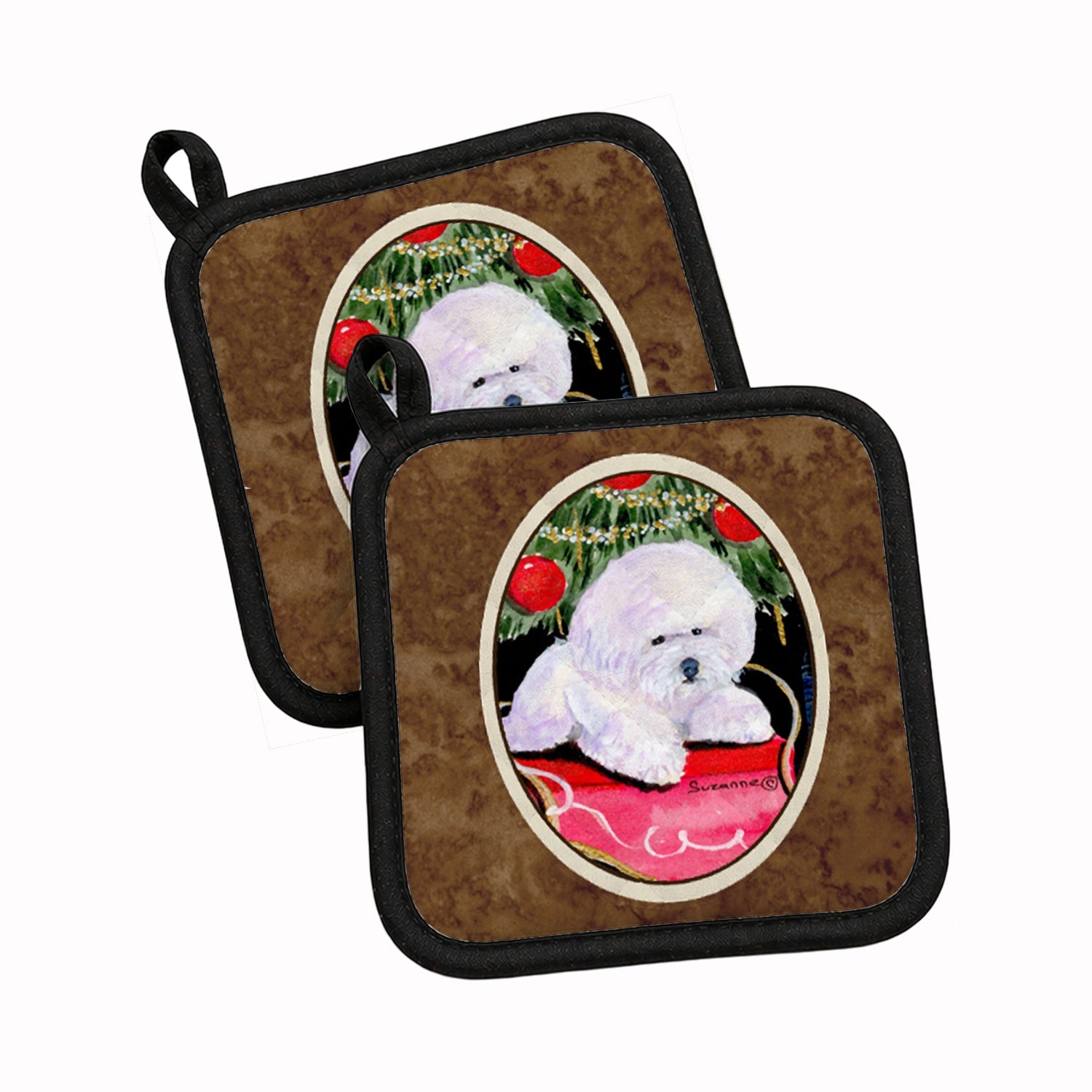 Christmas Tree with  Bichon Frise Pot Holder Set of 2 Heat Resistant Quilted Hot Pads 7.5 x 7.5 Inch, Insulated Kitchen Trivets for Cooking & Baking