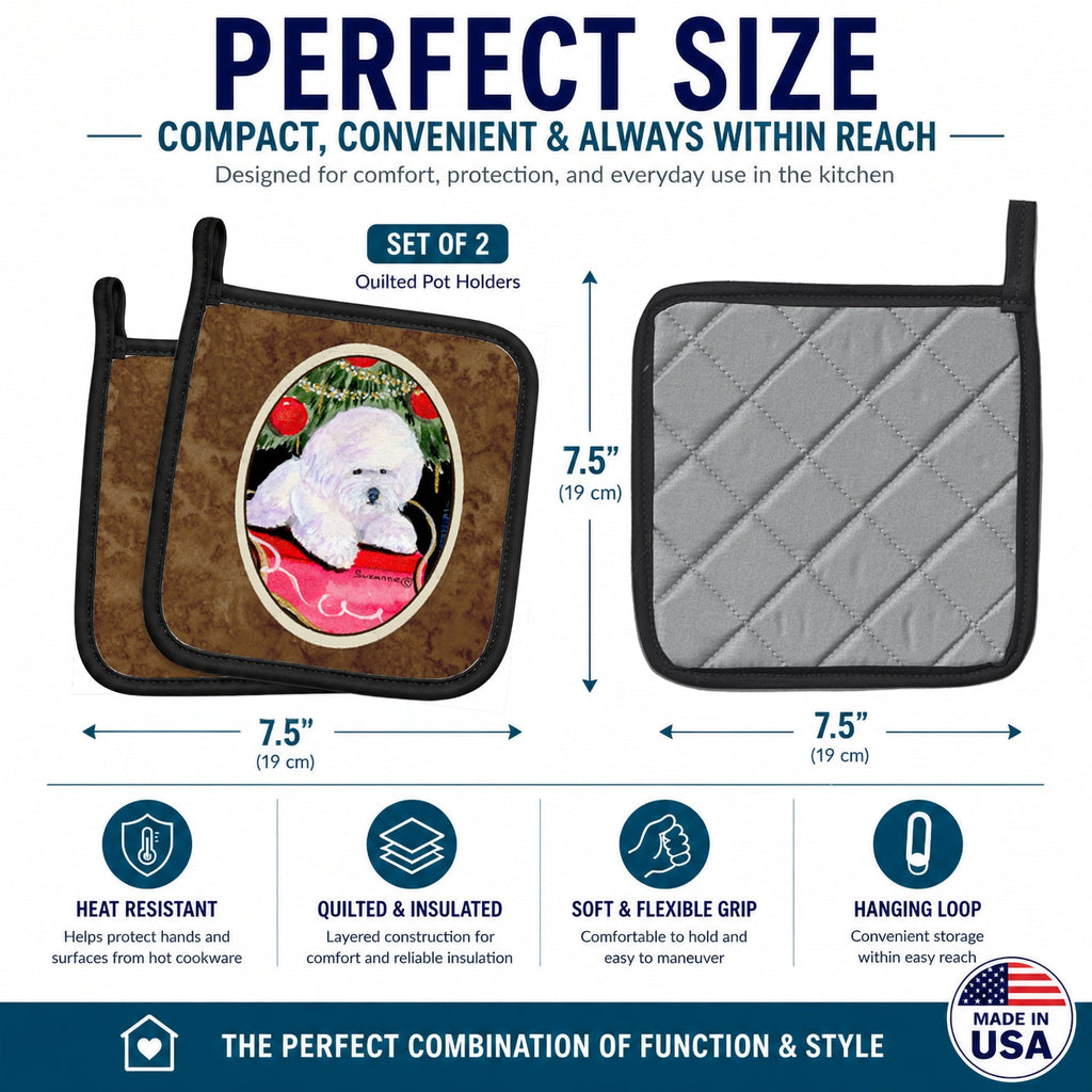 Christmas Tree with  Bichon Frise Pot Holder Set of 2 Heat Resistant Quilted Hot Pads 7.5 x 7.5 Inch, Insulated Kitchen Trivets for Cooking & Baking
