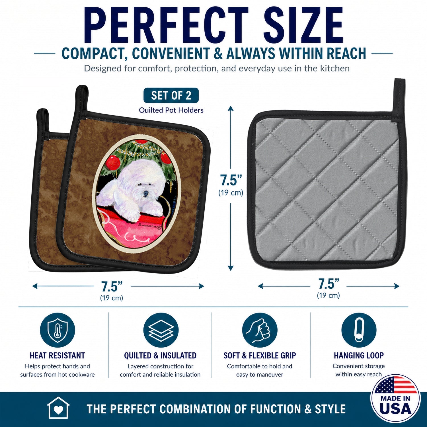 Christmas Tree with  Bichon Frise Pot Holder Set of 2 Heat Resistant Quilted Hot Pads 7.5 x 7.5 Inch, Insulated Kitchen Trivets for Cooking & Baking