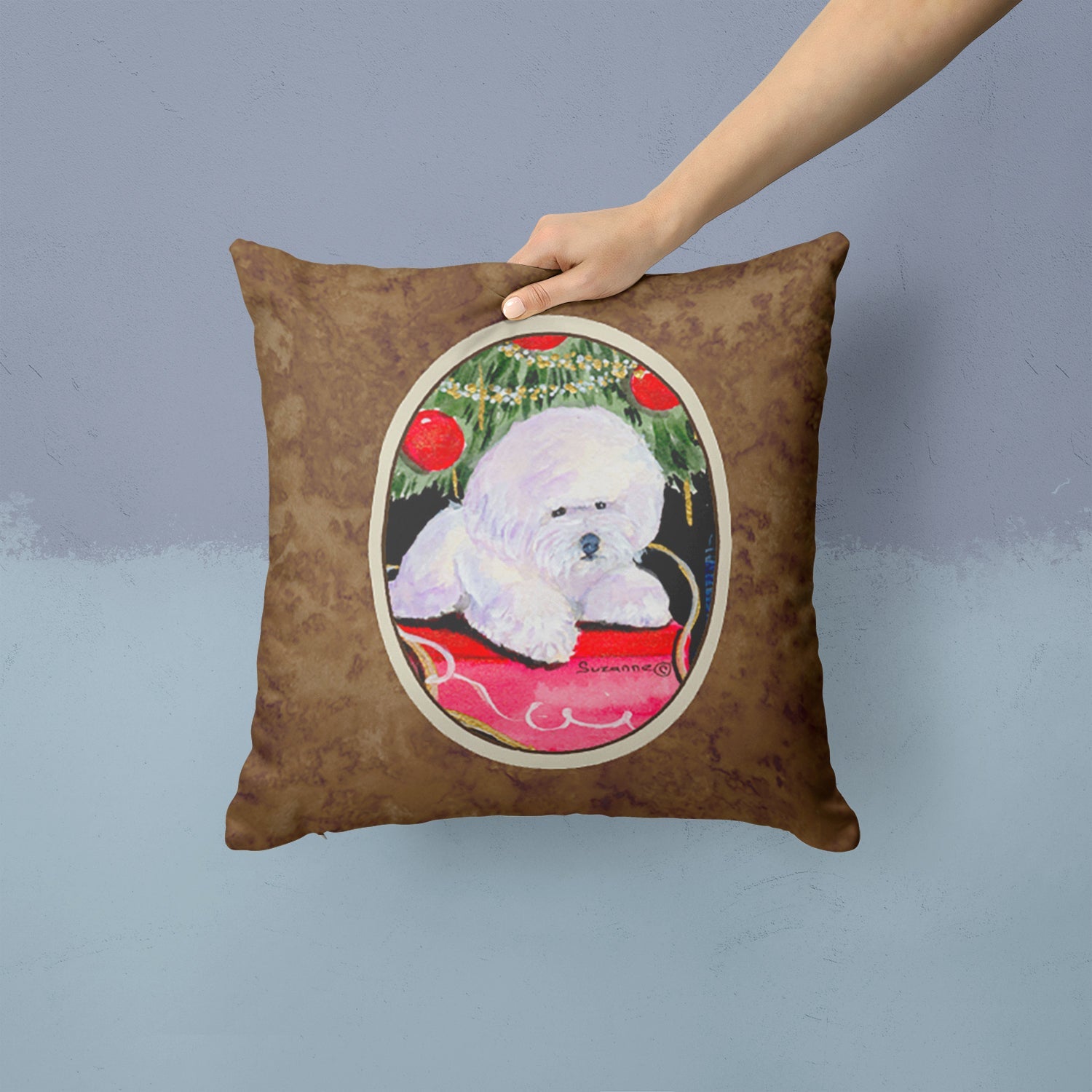 Christmas Tree with  Bichon Frise Decorative Throw Pillow 14x14 Indoor Outdoor Accent Cushion, Fabric Cover with Insert for Sofa, Bed, Porch & Living Room