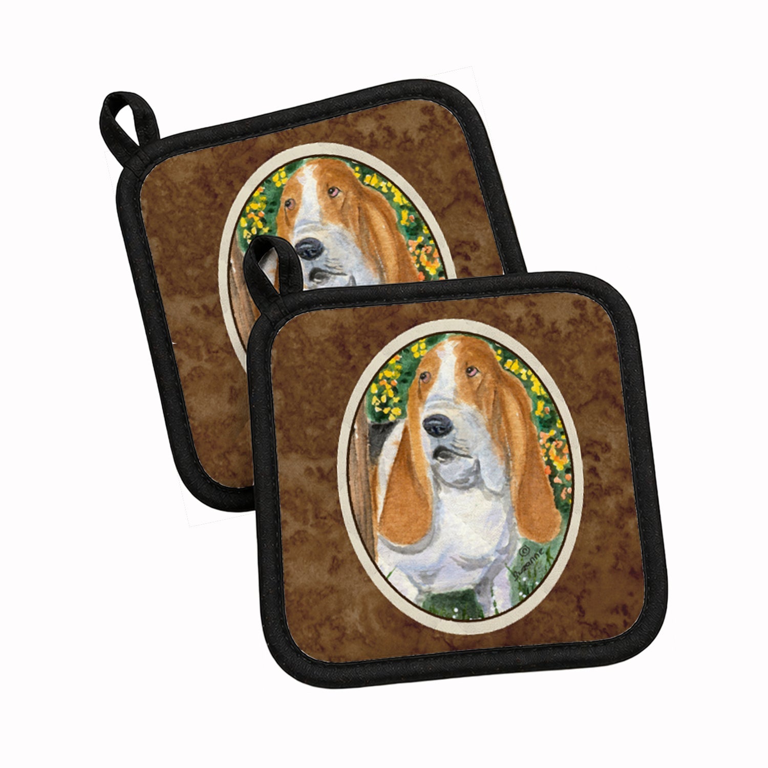 Basset Hound Pot Holder Set of 2 Heat Resistant Quilted Hot Pads 7.5 x 7.5 Inch, Insulated Kitchen Trivets for Cooking & Baking