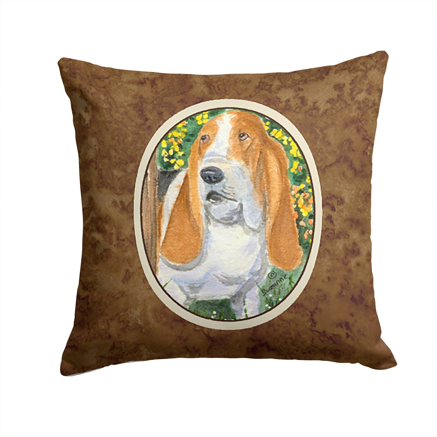 Basset Hound Decorative Throw Pillow 14x14 Indoor Outdoor Accent Cushion, Fabric Cover with Insert for Sofa, Bed, Porch & Living Room