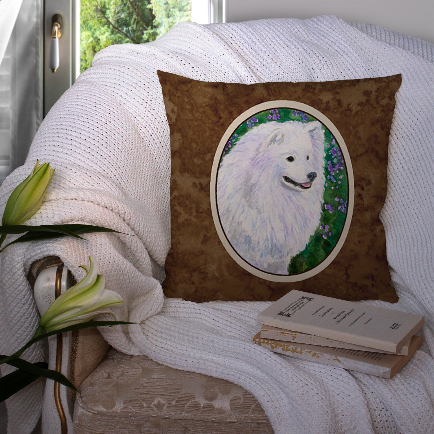 American Eskimo Decorative Throw Pillow 14x14 Indoor Outdoor Accent Cushion, Fabric Cover with Insert for Sofa, Bed, Porch & Living Room