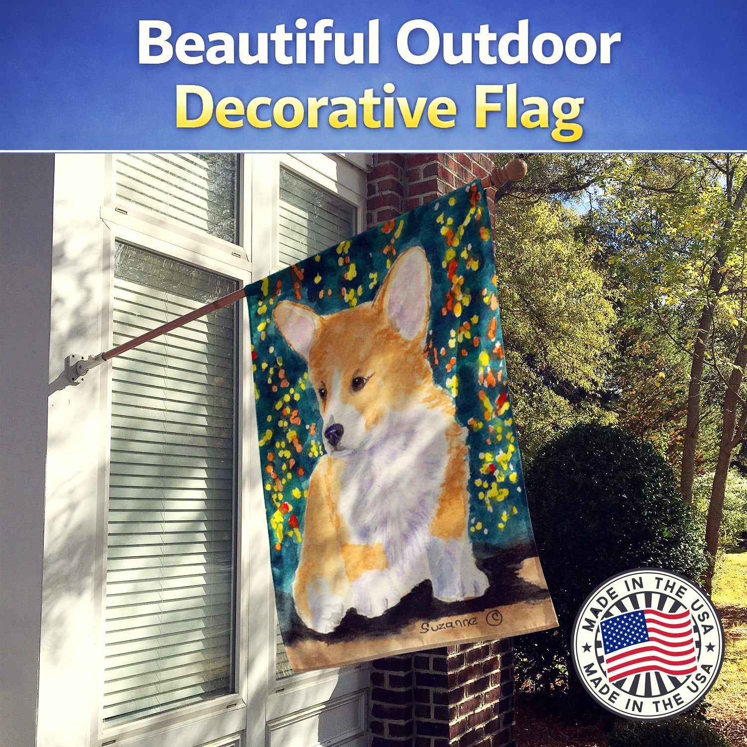 Corgi House Flag 28x40 Porch Sleeve Pole Decorative Outside Yard Banner Artwork Wall Hanging, Polyester