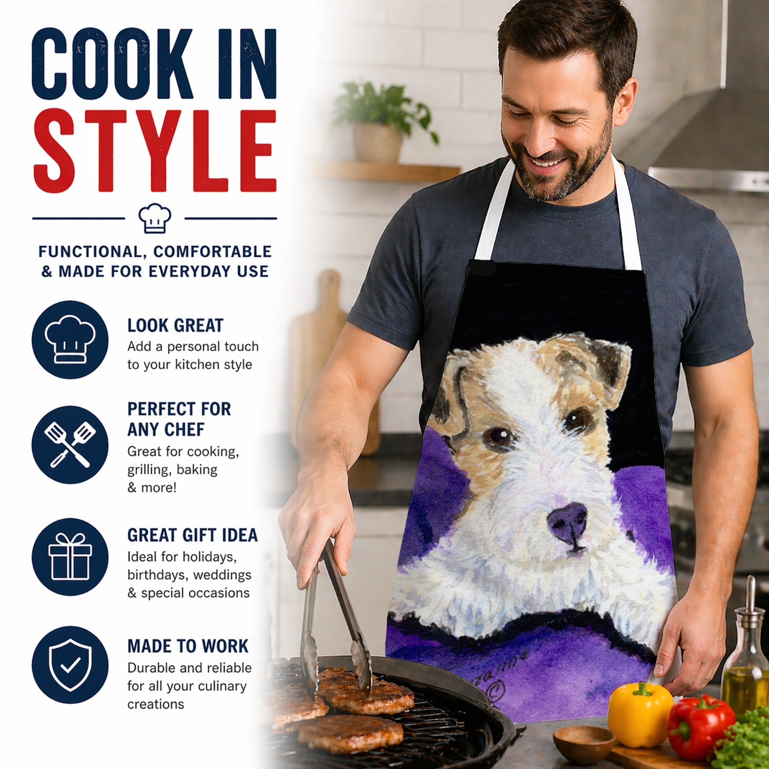 Fox Terrier Apron Cooking Kitchen Server Baking Crafts Gardening for Adult Women Men, Unisex, Large, Multicolor