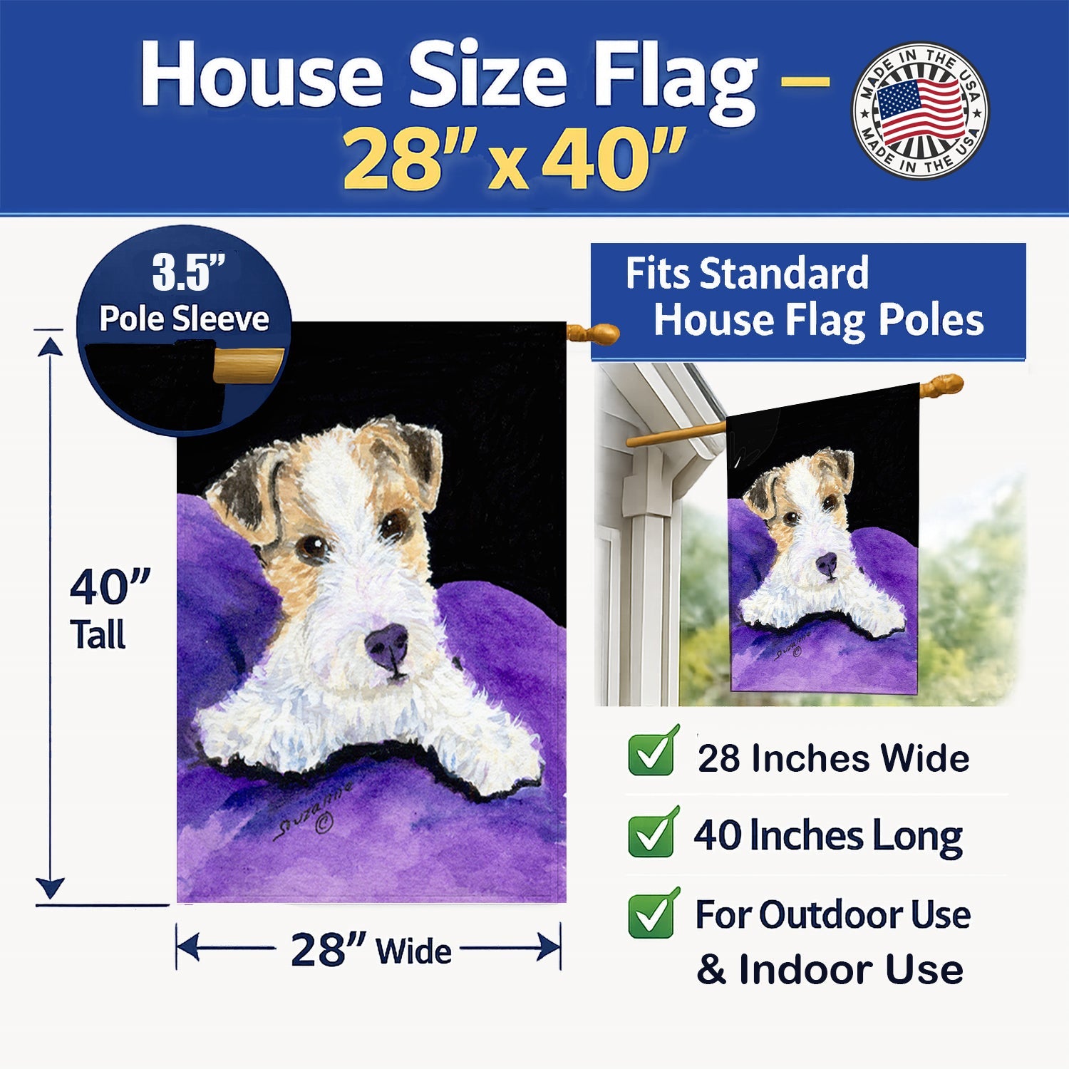Fox Terrier House Flag 28x40 Porch Sleeve Pole Decorative Outside Yard Banner Artwork Wall Hanging, Polyester