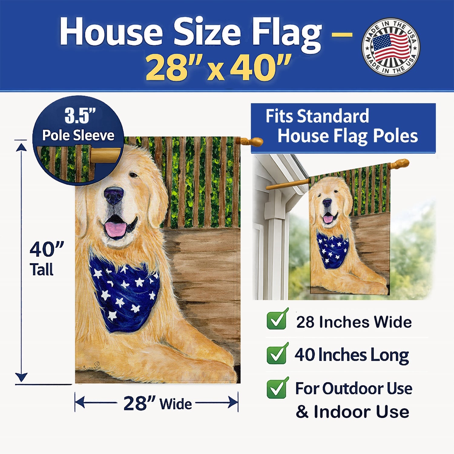Golden Retriever House Flag 28x40 Porch Sleeve Pole Decorative Outside Yard Banner Artwork Wall Hanging, Polyester