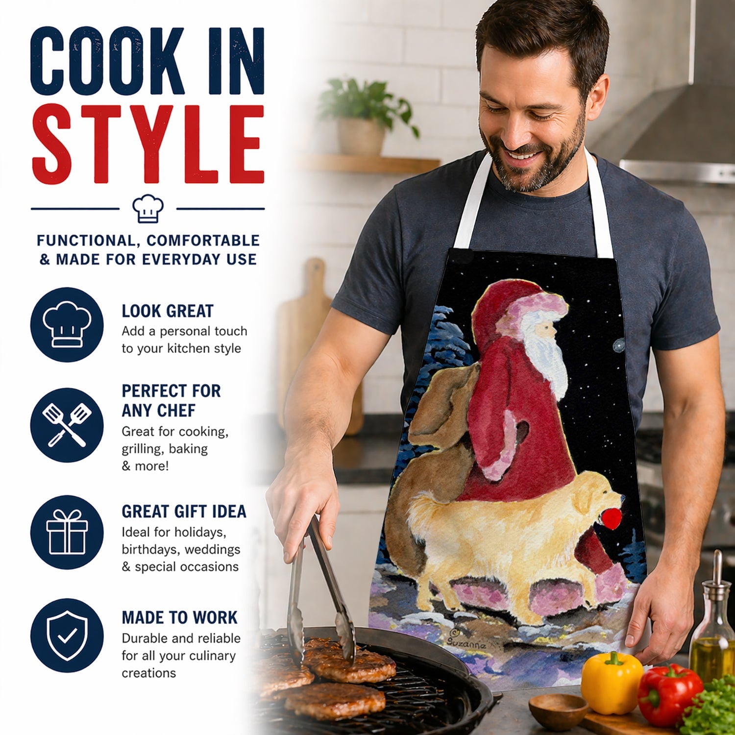Santa Claus with  Golden Retriever Apron Cooking Kitchen Server Baking Crafts Gardening for Adult Women Men, Unisex, Large, Multicolor