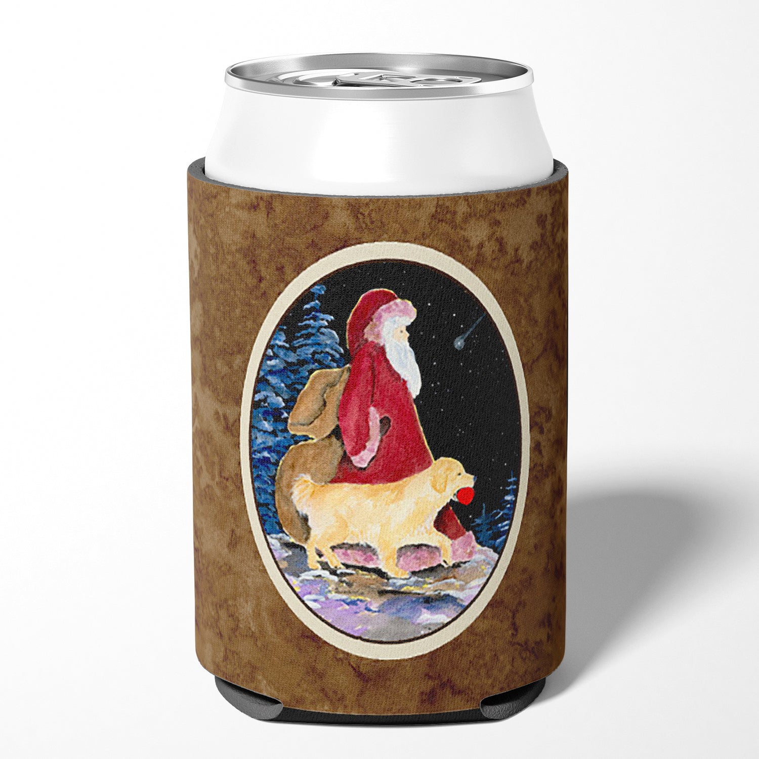 Santa Claus with  Golden Retriever Can or Bottle Hugger Cooler Sleeve for Standard 12 oz Cans, Insulated Foam Beer & Soda Can Hugger Reusable