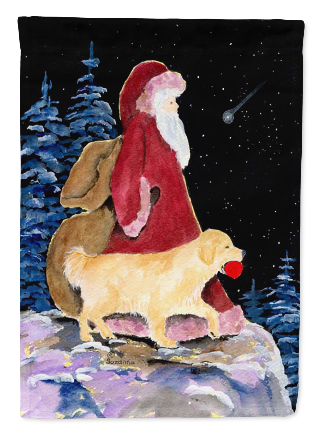 Santa Claus with  Golden Retriever House Flag 28x40 Porch Sleeve Pole Decorative Outside Yard Banner Artwork Wall Hanging, Polyester