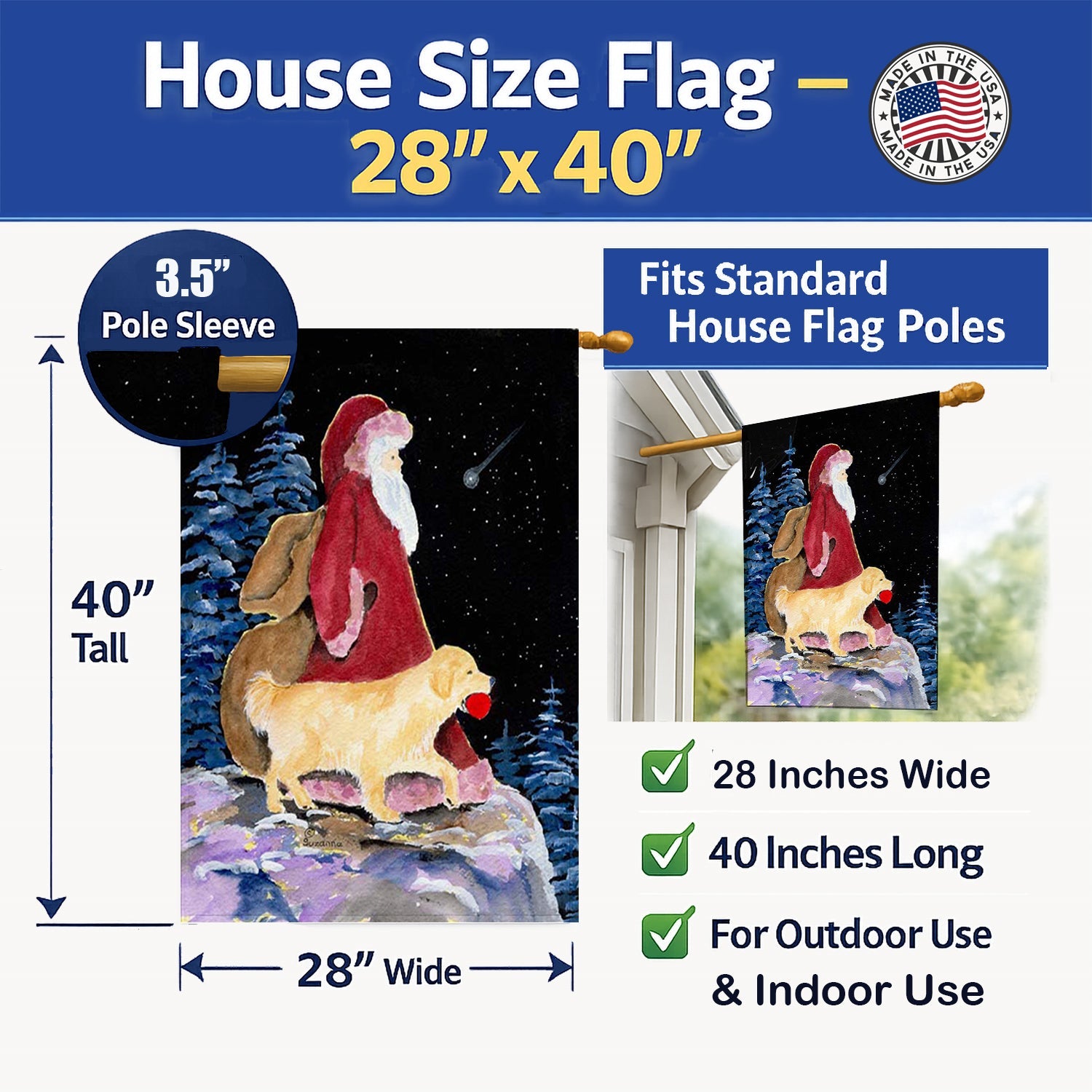Santa Claus with  Golden Retriever House Flag 28x40 Porch Sleeve Pole Decorative Outside Yard Banner Artwork Wall Hanging, Polyester