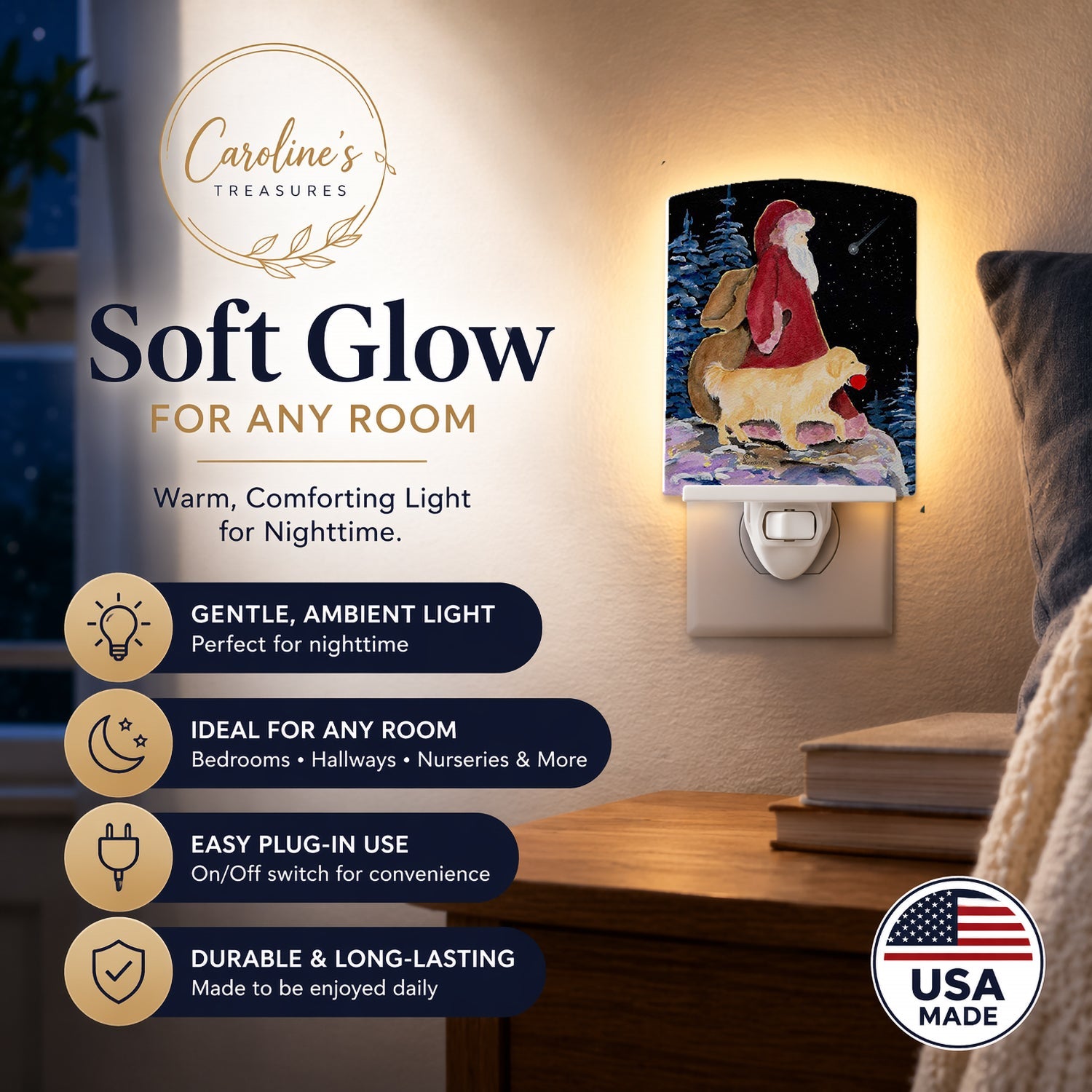 Santa Claus with  Golden Retriever Ceramic Night Light Compact, UL-Certified, Ideal for Bedroom, Bathroom, Nursery, Hallway, Kitchen, 6x4x3, Multicolor