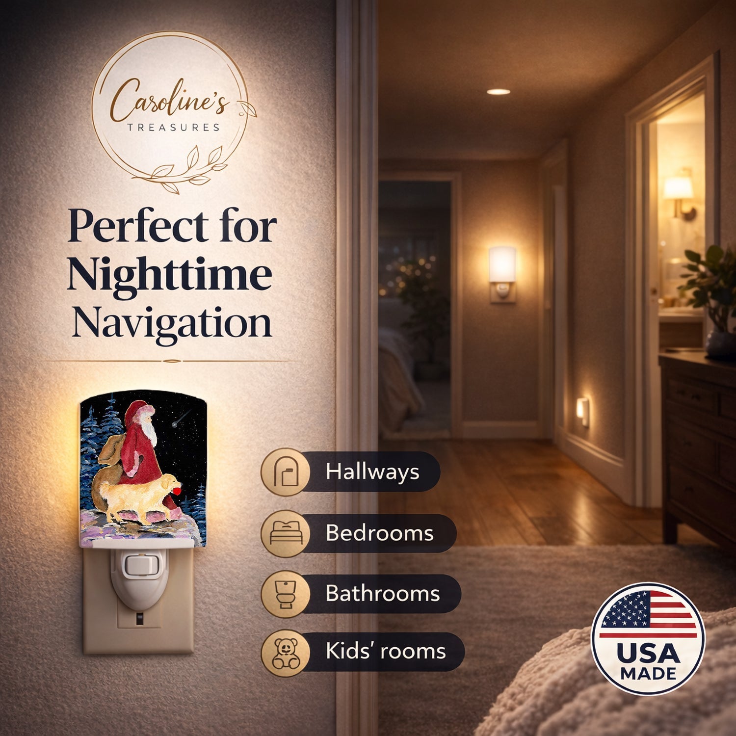 Santa Claus with  Golden Retriever Ceramic Night Light Compact, UL-Certified, Ideal for Bedroom, Bathroom, Nursery, Hallway, Kitchen, 6x4x3, Multicolor