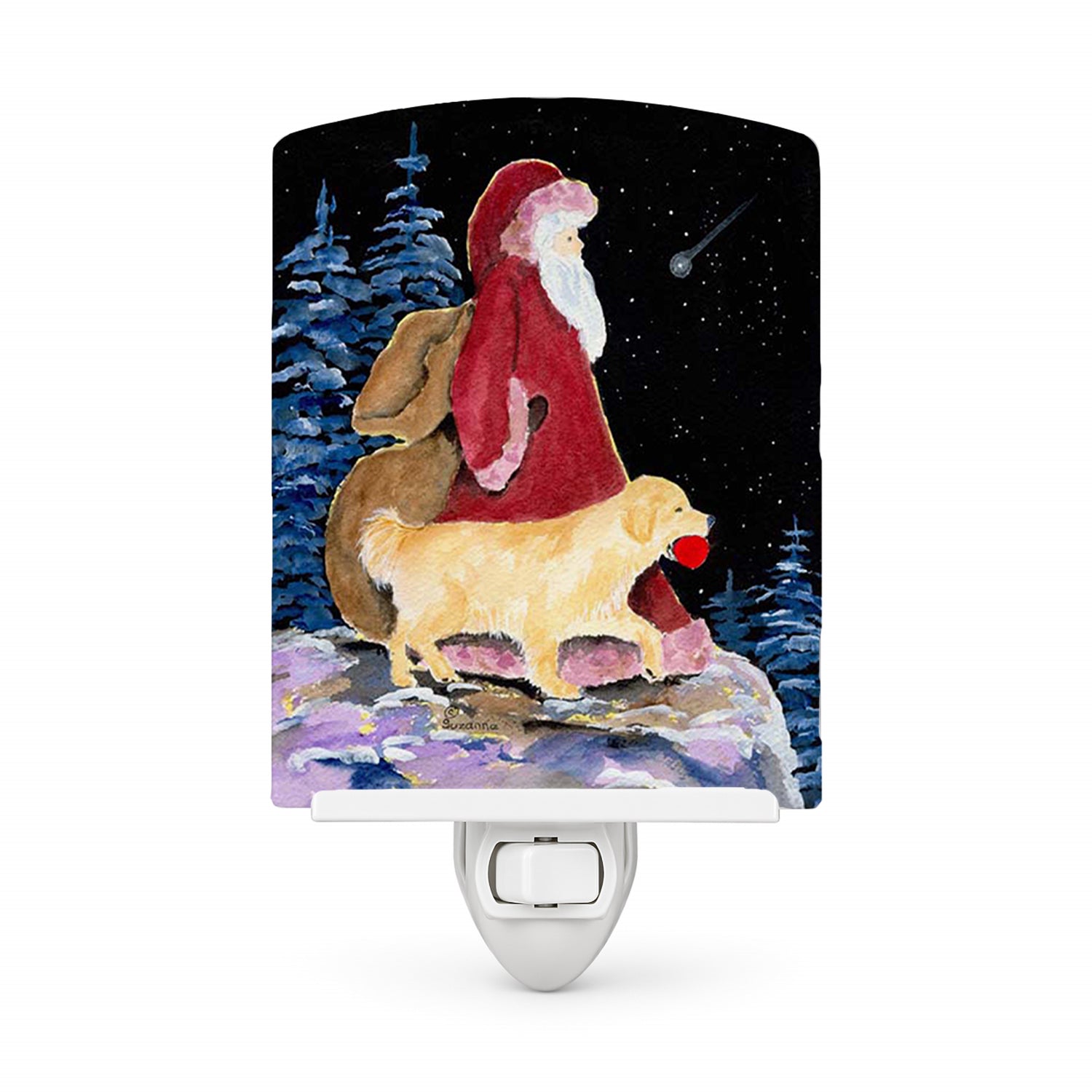 Santa Claus with  Golden Retriever Ceramic Night Light Compact, UL-Certified, Ideal for Bedroom, Bathroom, Nursery, Hallway, Kitchen, 6x4x3, Multicolor