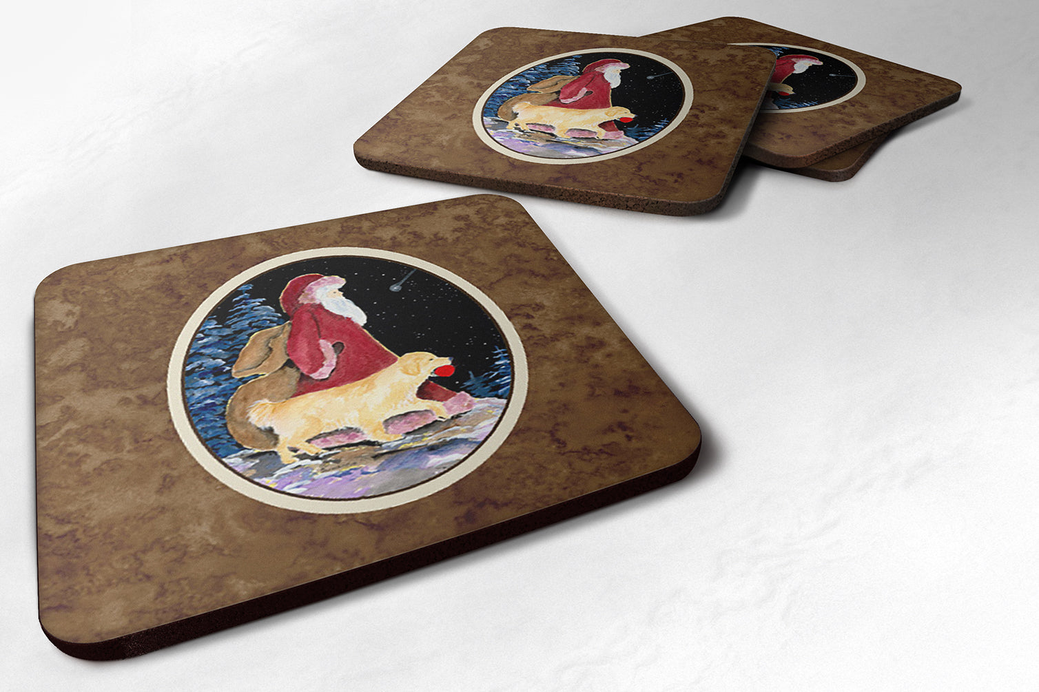 Santa Claus with  Golden Retriever Foam Coasters Set of 4 Cup Coasters for Indoor Outdoor, Tabletop Protection, Anti Slip, Mouse pad Material
