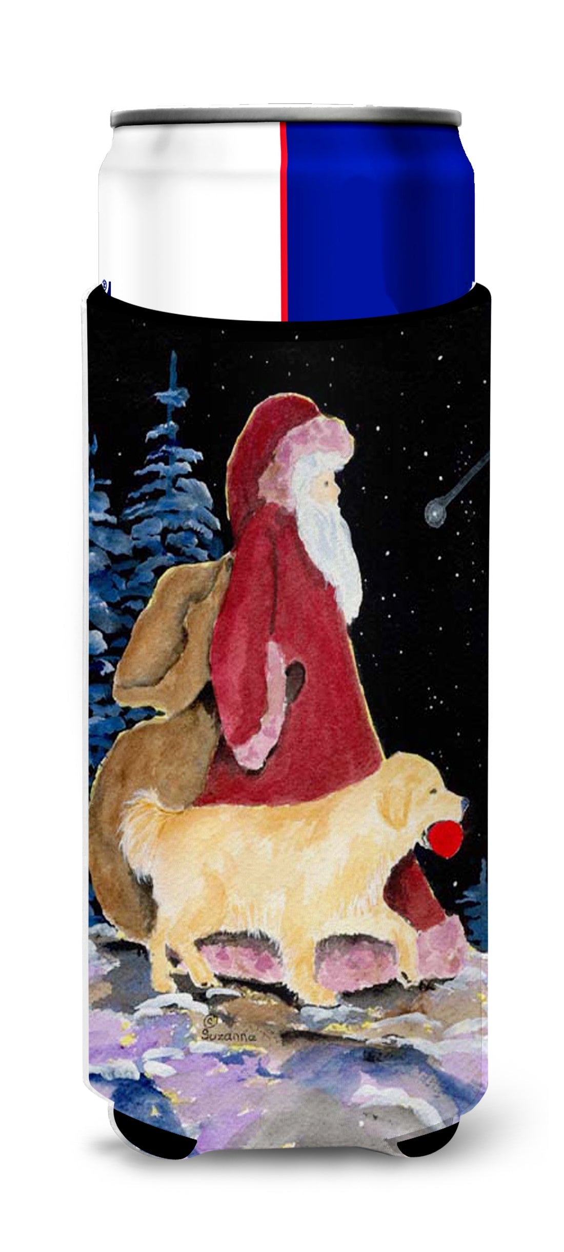 Santa Claus with  Golden Retriever Slim Can Hugger , Insulated Foam Hugger for 12 oz Slim Cans, Beer Bottles & Water Bottles, Printed in USA