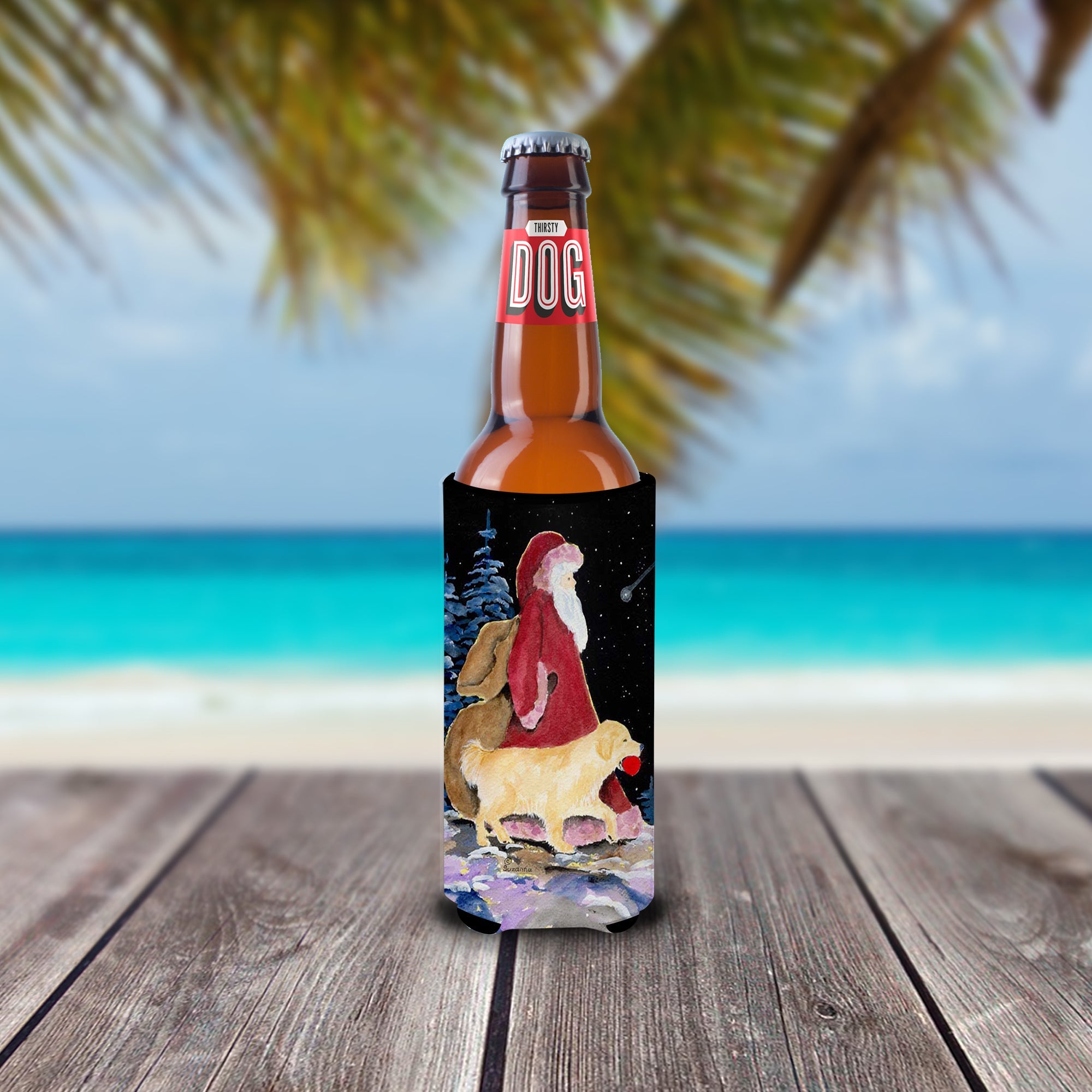 Santa Claus with  Golden Retriever Slim Can Hugger , Insulated Foam Hugger for 12 oz Slim Cans, Beer Bottles & Water Bottles, Printed in USA