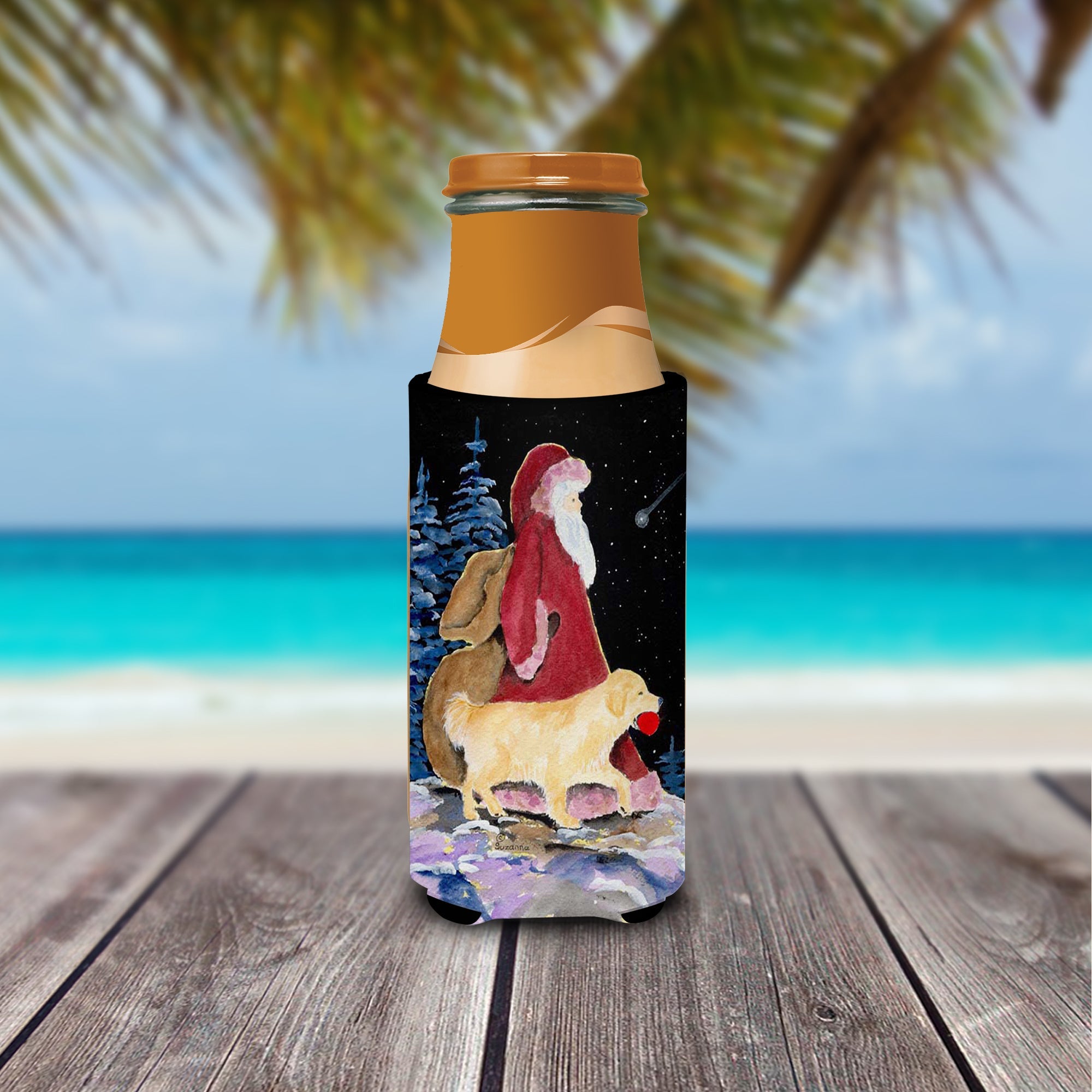 Santa Claus with  Golden Retriever Slim Can Hugger , Insulated Foam Hugger for 12 oz Slim Cans, Beer Bottles & Water Bottles, Printed in USA