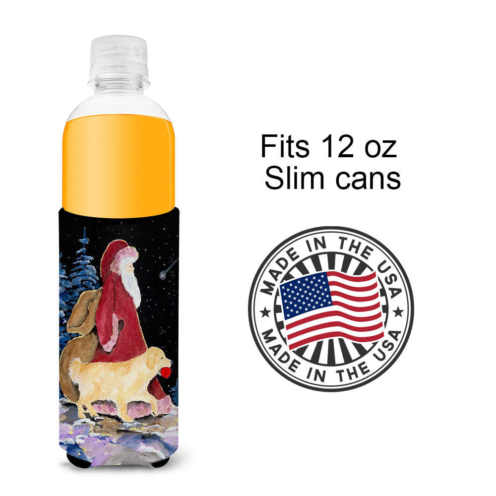 Santa Claus with  Golden Retriever Slim Can Hugger , Insulated Foam Hugger for 12 oz Slim Cans, Beer Bottles & Water Bottles, Printed in USA