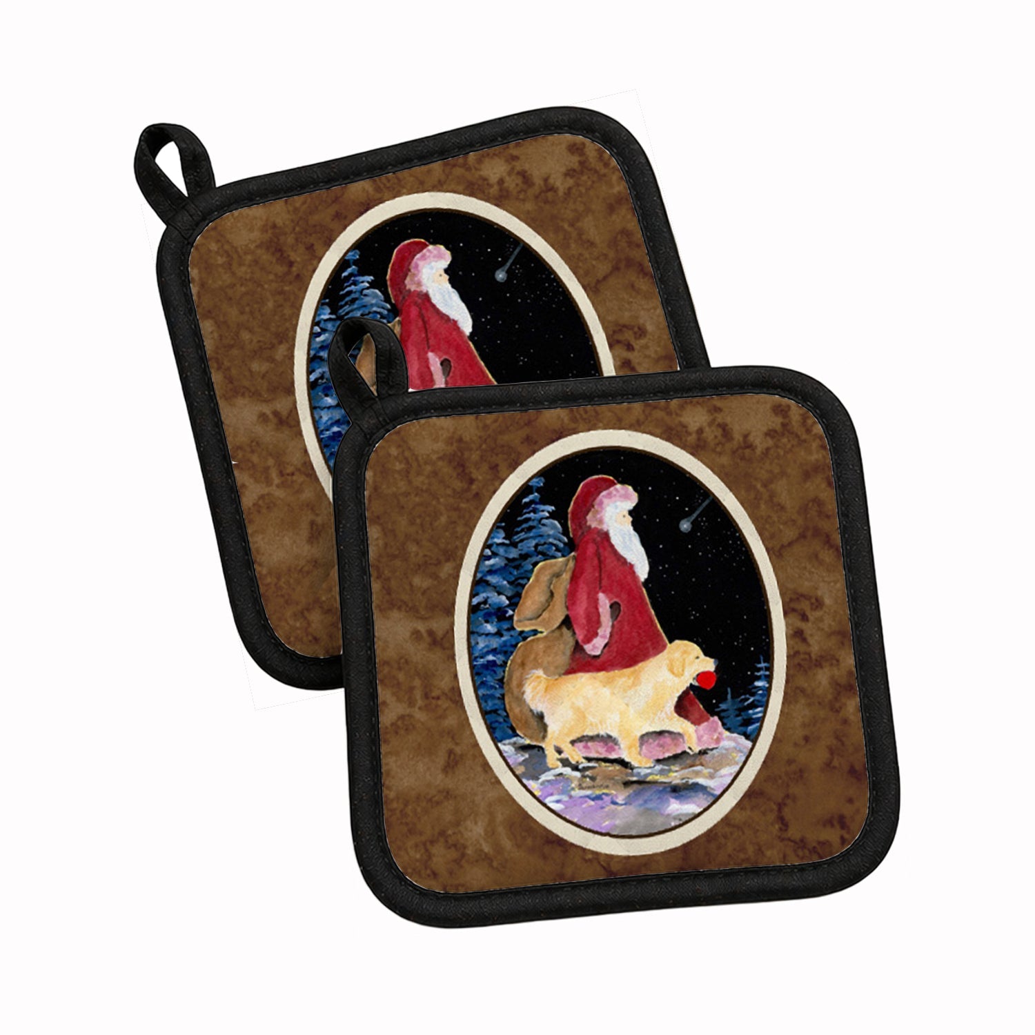 Santa Claus with  Golden Retriever Pot Holder Set of 2 Heat Resistant Quilted Hot Pads 7.5 x 7.5 Inch, Insulated Kitchen Trivets for Cooking & Baking