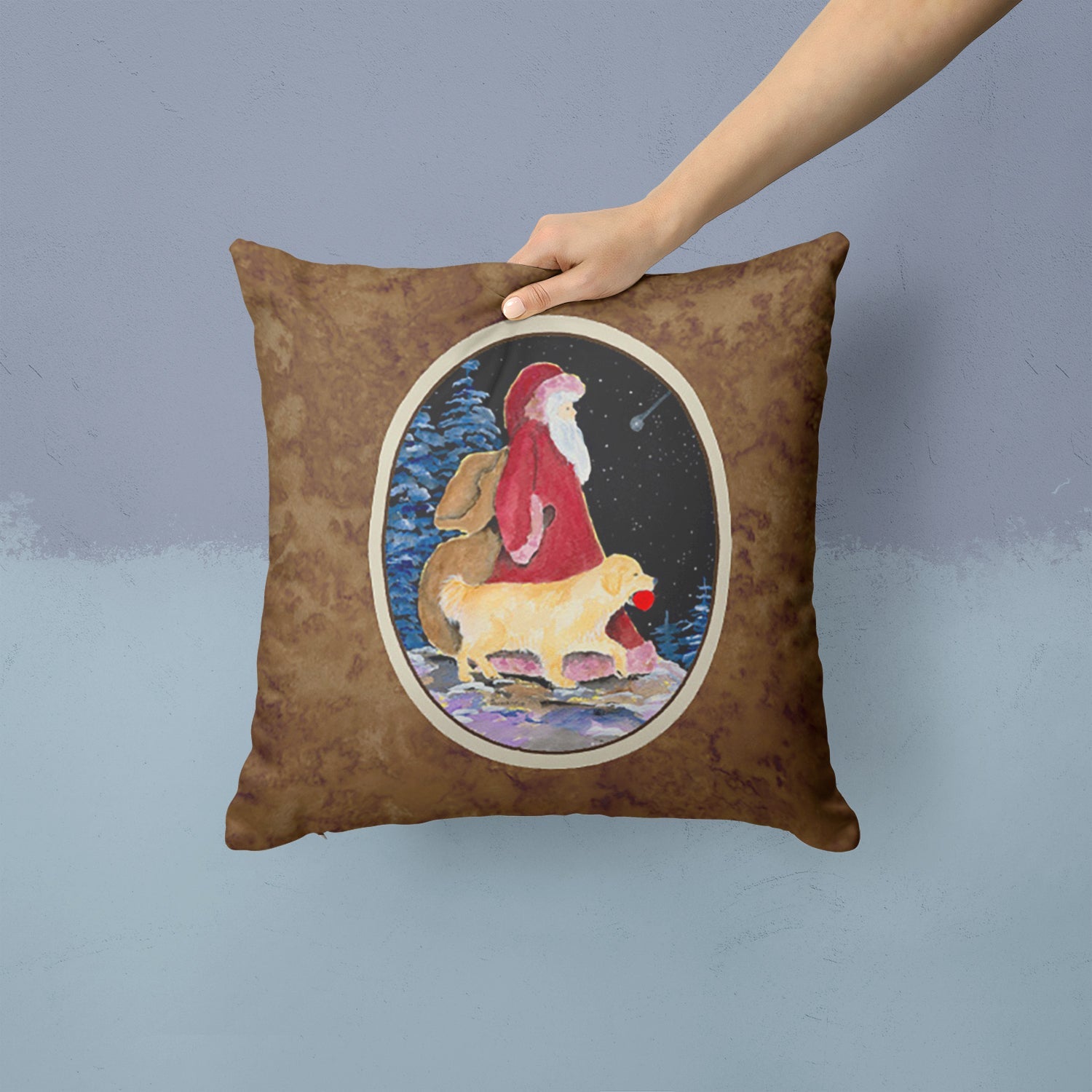 Santa Claus with  Golden Retriever Decorative Throw Pillow 14x14 Indoor Outdoor Accent Cushion, Fabric Cover with Insert for Sofa, Bed, Porch & Living Room
