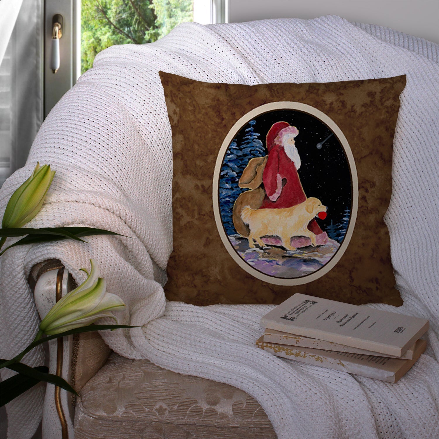 Santa Claus with  Golden Retriever Decorative Throw Pillow 14x14 Indoor Outdoor Accent Cushion, Fabric Cover with Insert for Sofa, Bed, Porch & Living Room