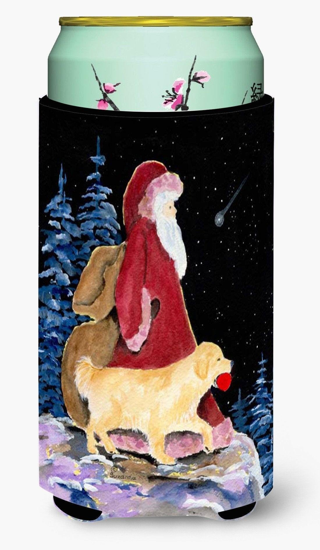 Santa Claus with  Golden Retriever Tall Boy Hugger Can Cooler Sleeve Machine Washable Drink Collapsible Insulator Beverage Insulated Holder