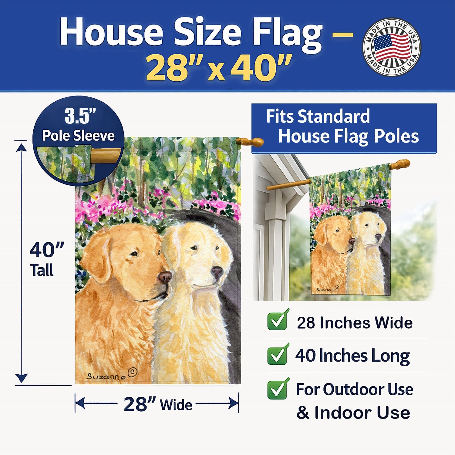 Golden Retriever House Flag 28x40 Porch Sleeve Pole Decorative Outside Yard Banner Artwork Wall Hanging, Polyester