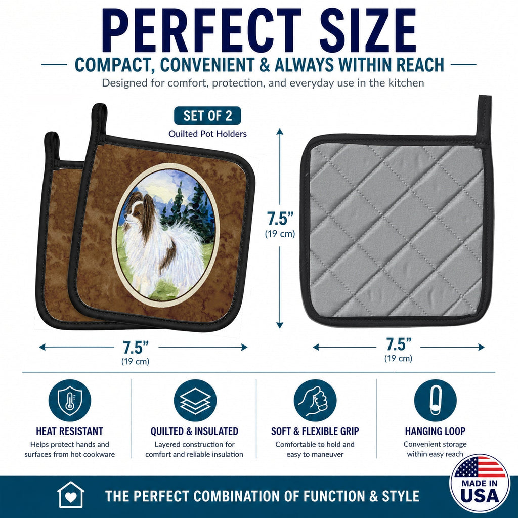 Papillon Pot Holder Set of 2 Heat Resistant Quilted Hot Pads 7.5 x 7.5 Inch, Insulated Kitchen Trivets for Cooking & Baking