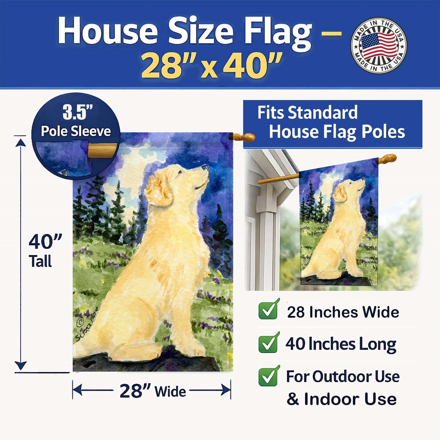 Golden Retriever House Flag 28x40 Porch Sleeve Pole Decorative Outside Yard Banner Artwork Wall Hanging, Polyester