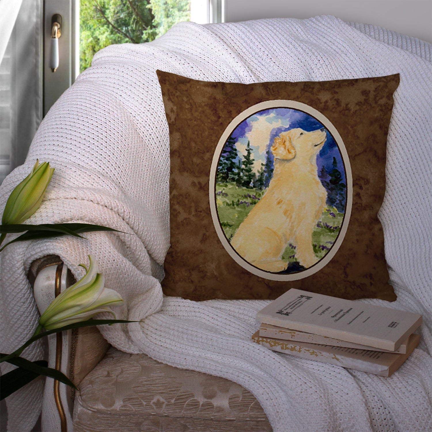 Golden Retriever Decorative Throw Pillow 14x14 Indoor Outdoor Accent Cushion, Fabric Cover with Insert for Sofa, Bed, Porch & Living Room