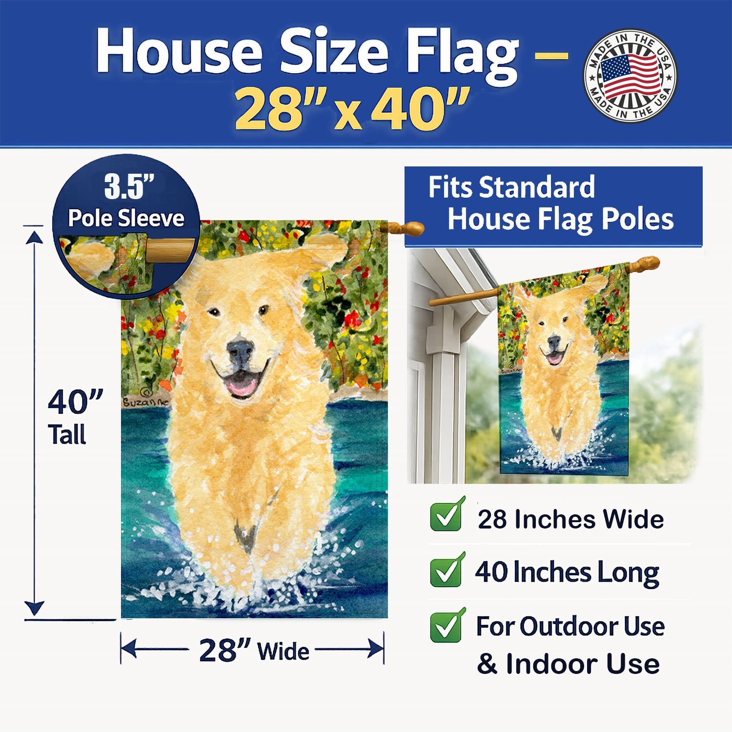 Golden Retriever House Flag 28x40 Porch Sleeve Pole Decorative Outside Yard Banner Artwork Wall Hanging, Polyester
