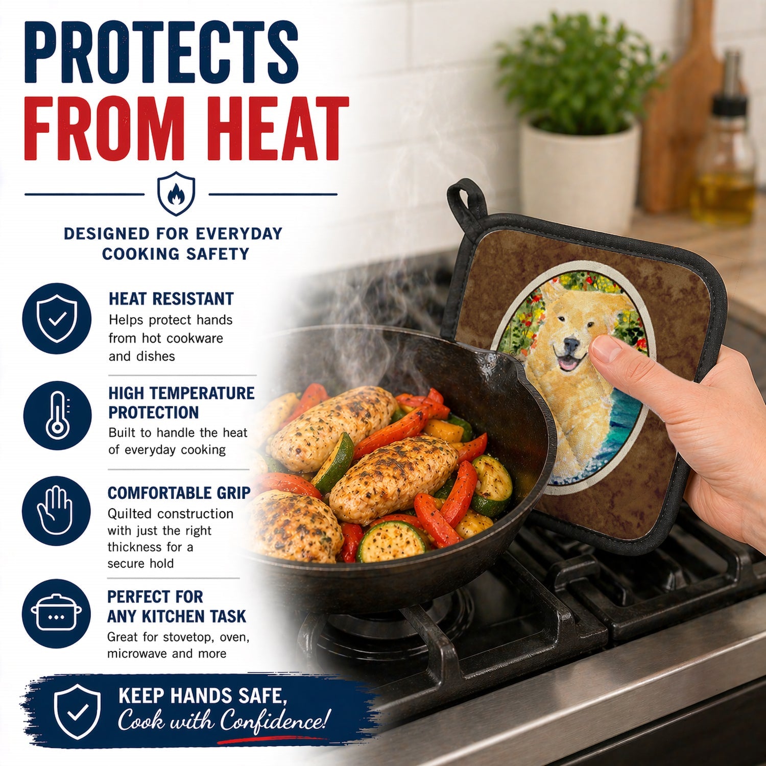 Golden Retriever Pot Holder Set of 2 Heat Resistant Quilted Hot Pads 7.5 x 7.5 Inch, Insulated Kitchen Trivets for Cooking & Baking