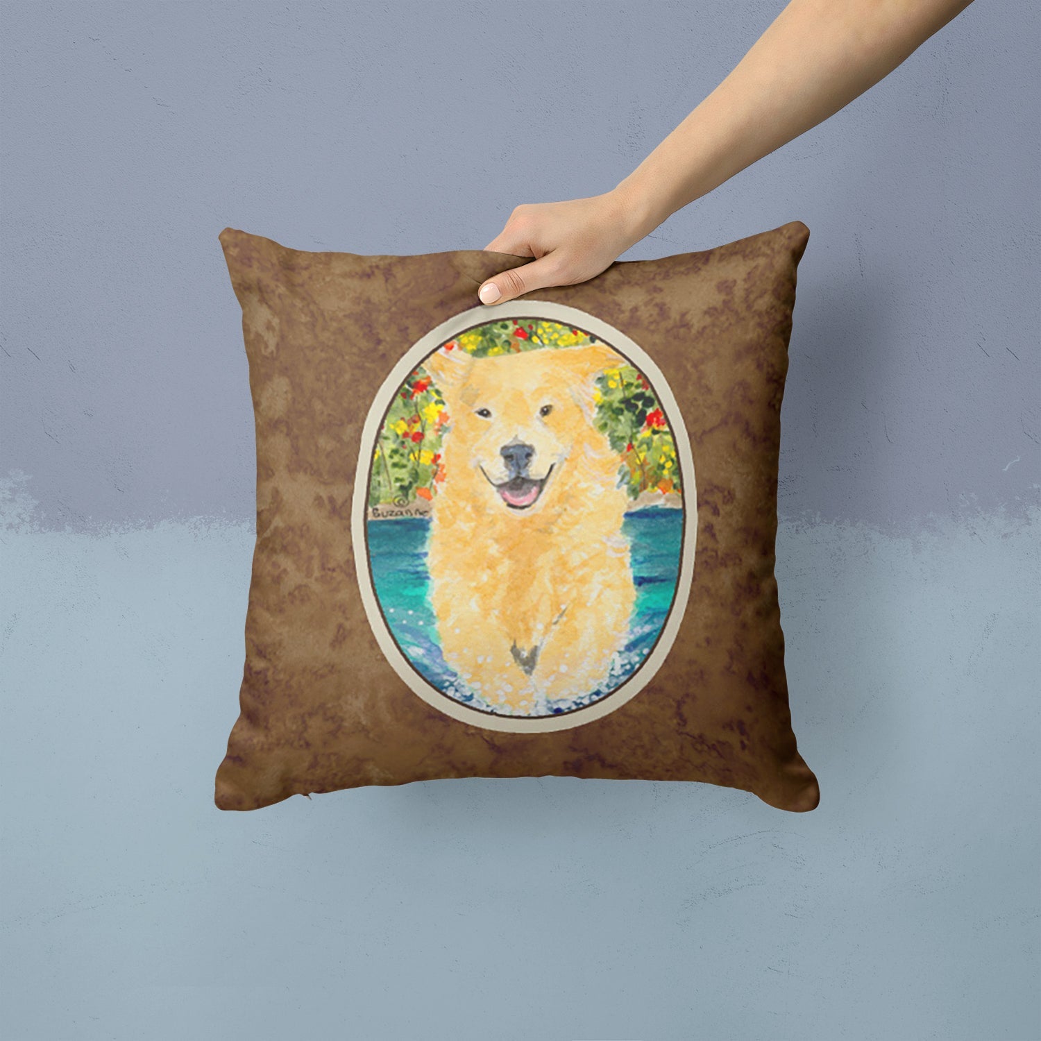 Golden Retriever Decorative Throw Pillow 14x14 Indoor Outdoor Accent Cushion, Fabric Cover with Insert for Sofa, Bed, Porch & Living Room