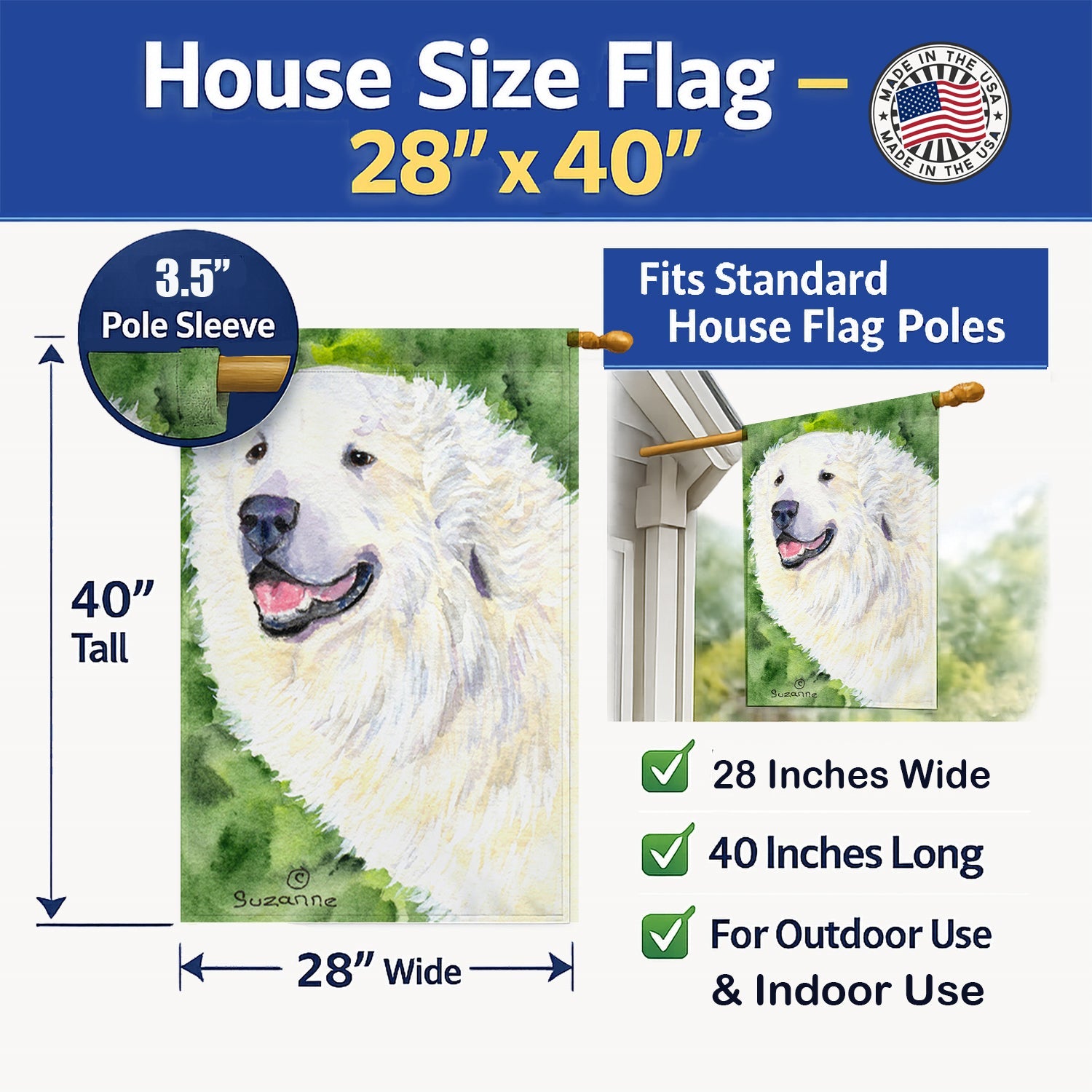 Great Pyrenees House Flag 28x40 Porch Sleeve Pole Decorative Outside Yard Banner Artwork Wall Hanging, Polyester