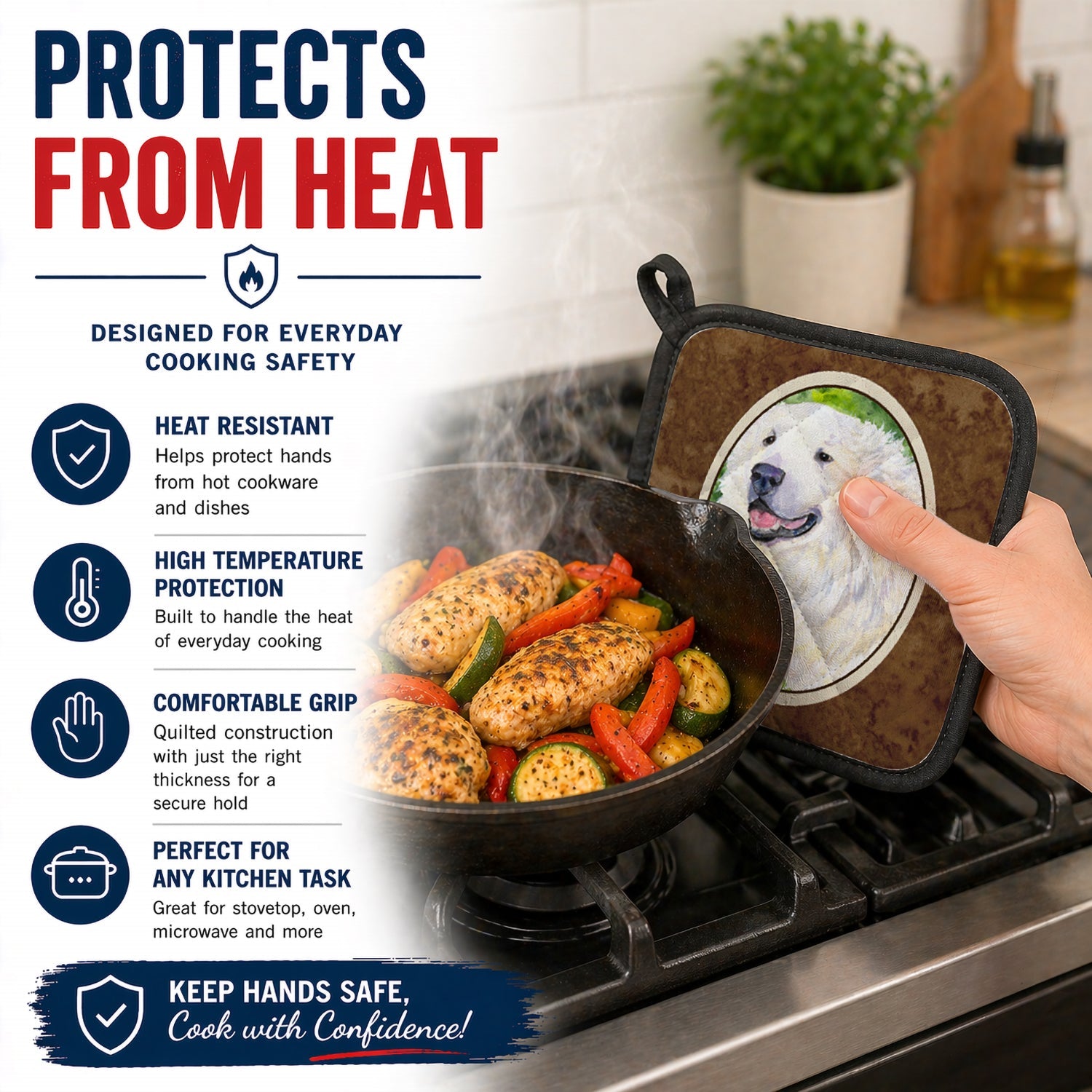 Great Pyrenees Pot Holder Set of 2 Heat Resistant Quilted Hot Pads 7.5 x 7.5 Inch, Insulated Kitchen Trivets for Cooking & Baking
