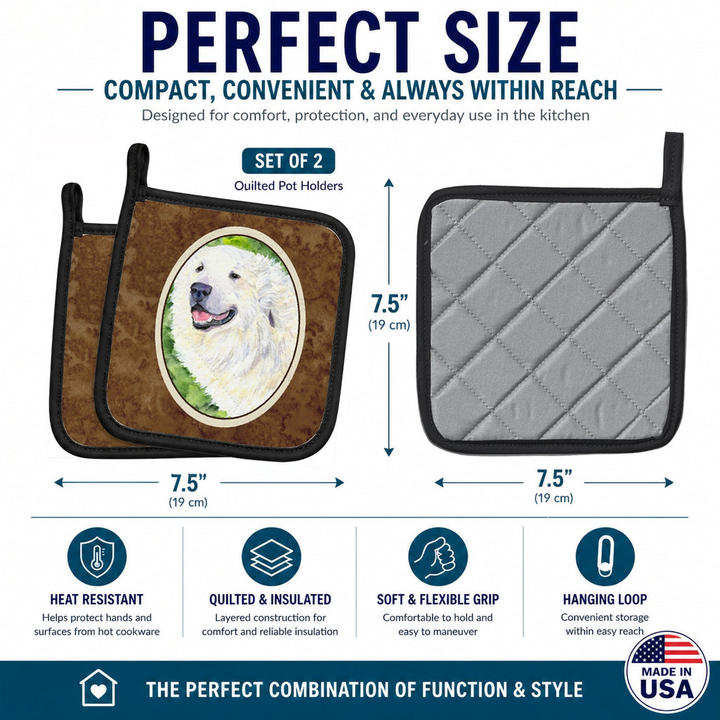 Great Pyrenees Pot Holder Set of 2 Heat Resistant Quilted Hot Pads 7.5 x 7.5 Inch, Insulated Kitchen Trivets for Cooking & Baking