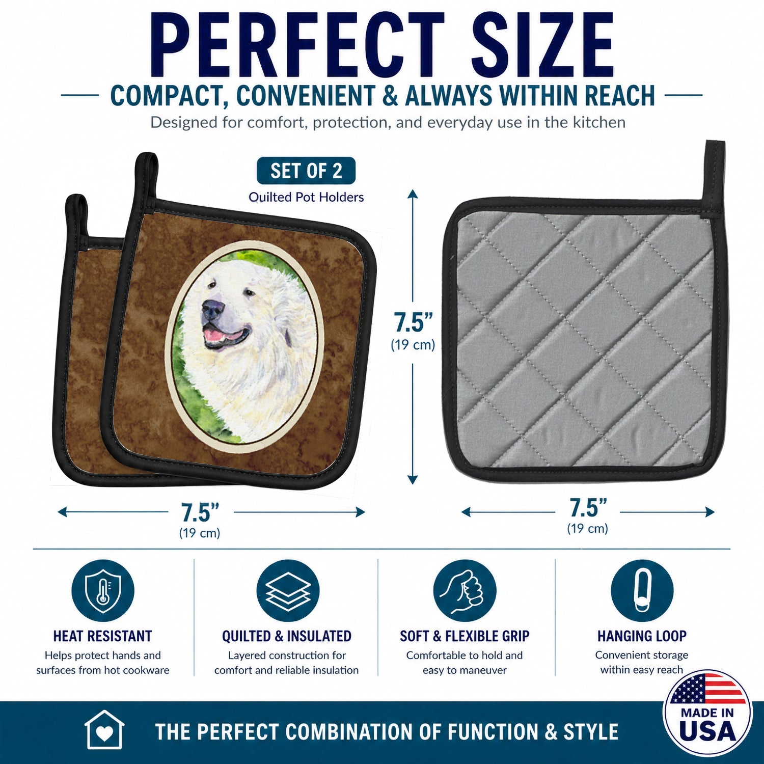 Great Pyrenees Pot Holder Set of 2 Heat Resistant Quilted Hot Pads 7.5 x 7.5 Inch, Insulated Kitchen Trivets for Cooking & Baking
