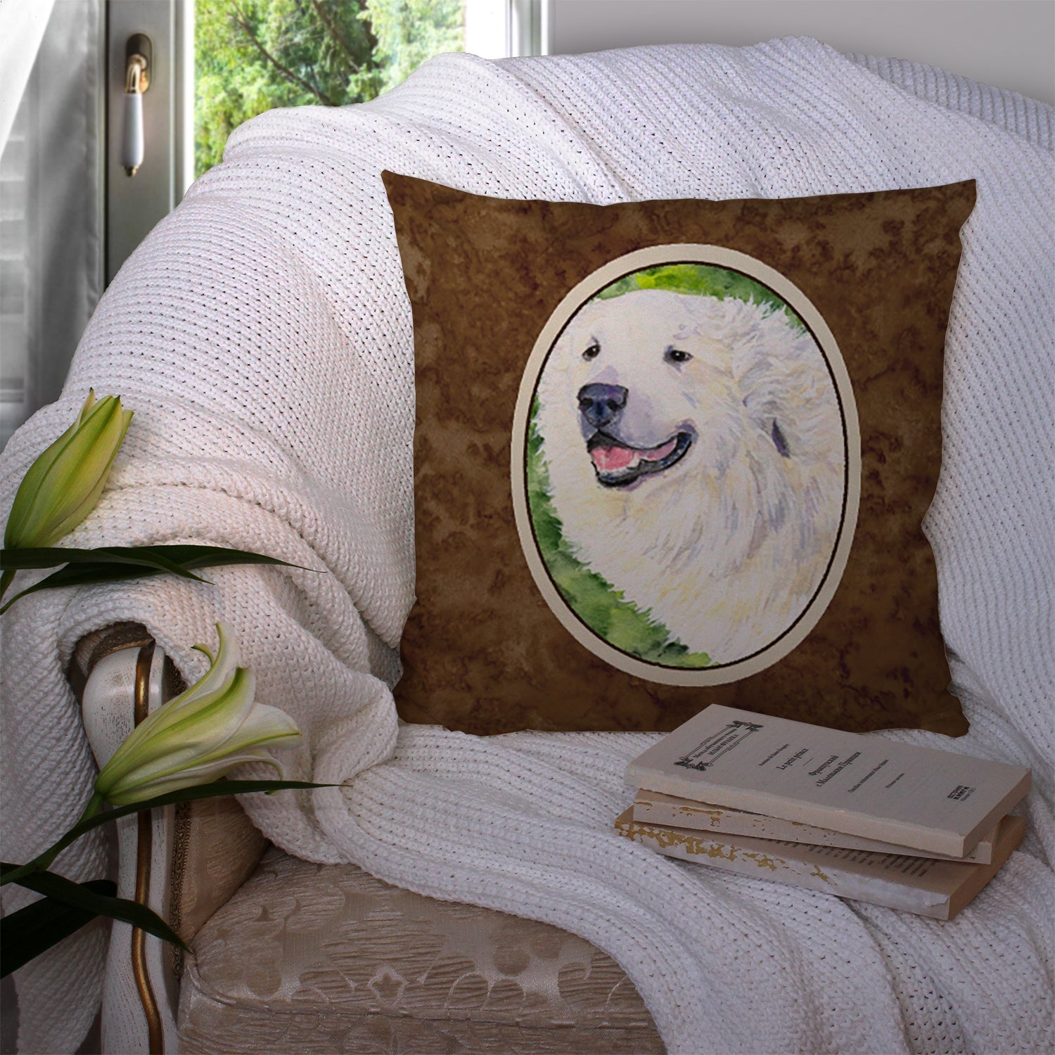Great Pyrenees Decorative Throw Pillow 14x14 Indoor Outdoor Accent Cushion, Fabric Cover with Insert for Sofa, Bed, Porch & Living Room