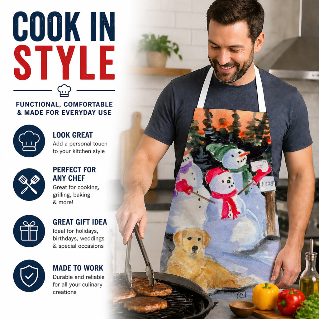Snowman with Golden Retriever Apron Cooking Kitchen Server Baking Crafts Gardening for Adult Women Men, Unisex, Large, Multicolor