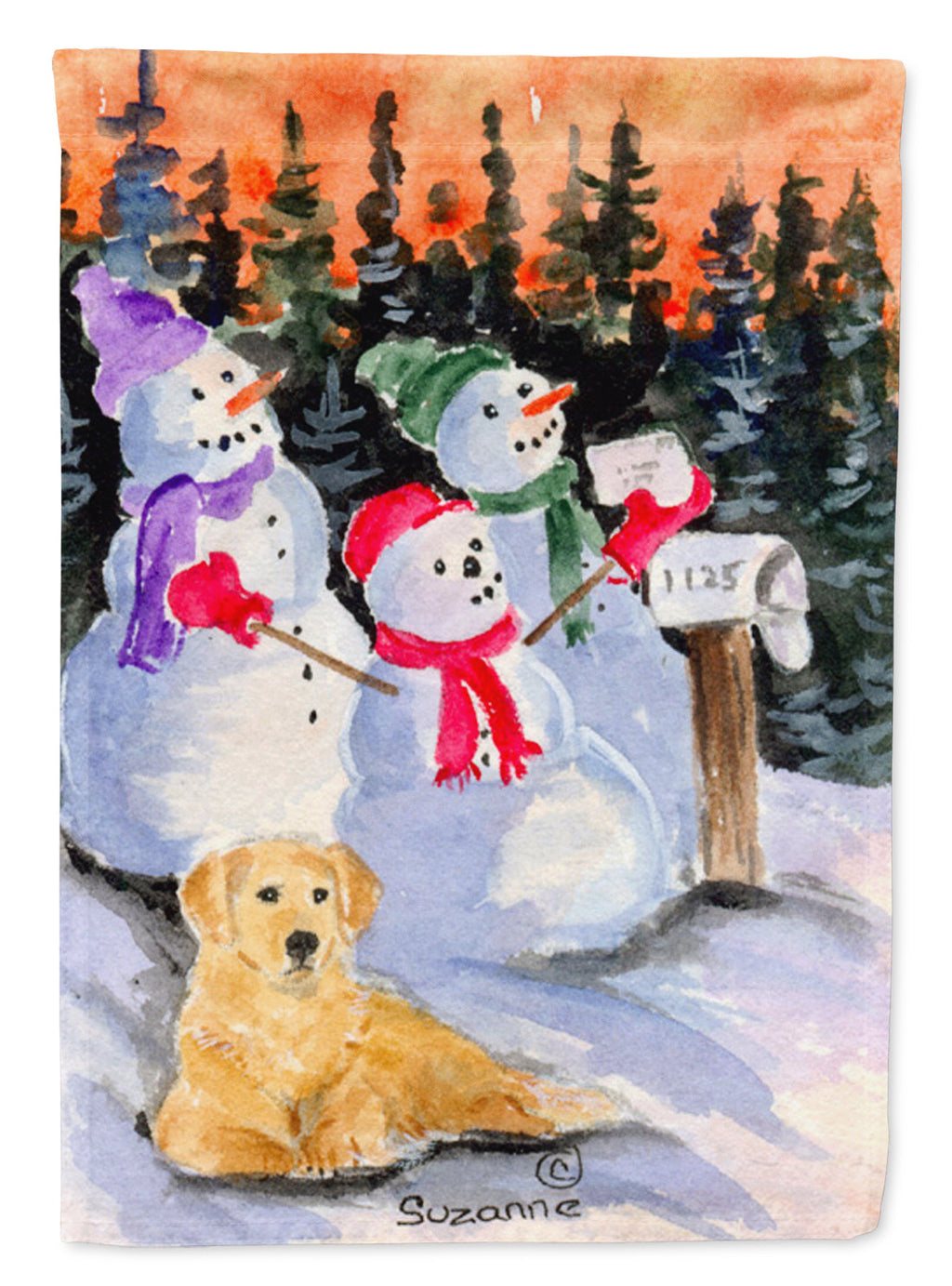 Snowman with Golden Retriever House Flag 28x40 Porch Sleeve Pole Decorative Outside Yard Banner Artwork Wall Hanging, Polyester