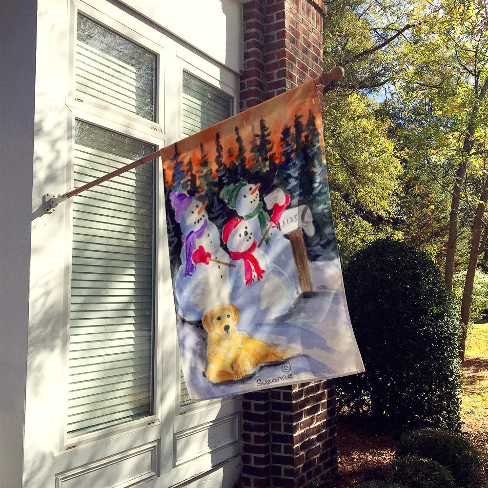 Snowman with Golden Retriever House Flag 28x40 Porch Sleeve Pole Decorative Outside Yard Banner Artwork Wall Hanging, Polyester