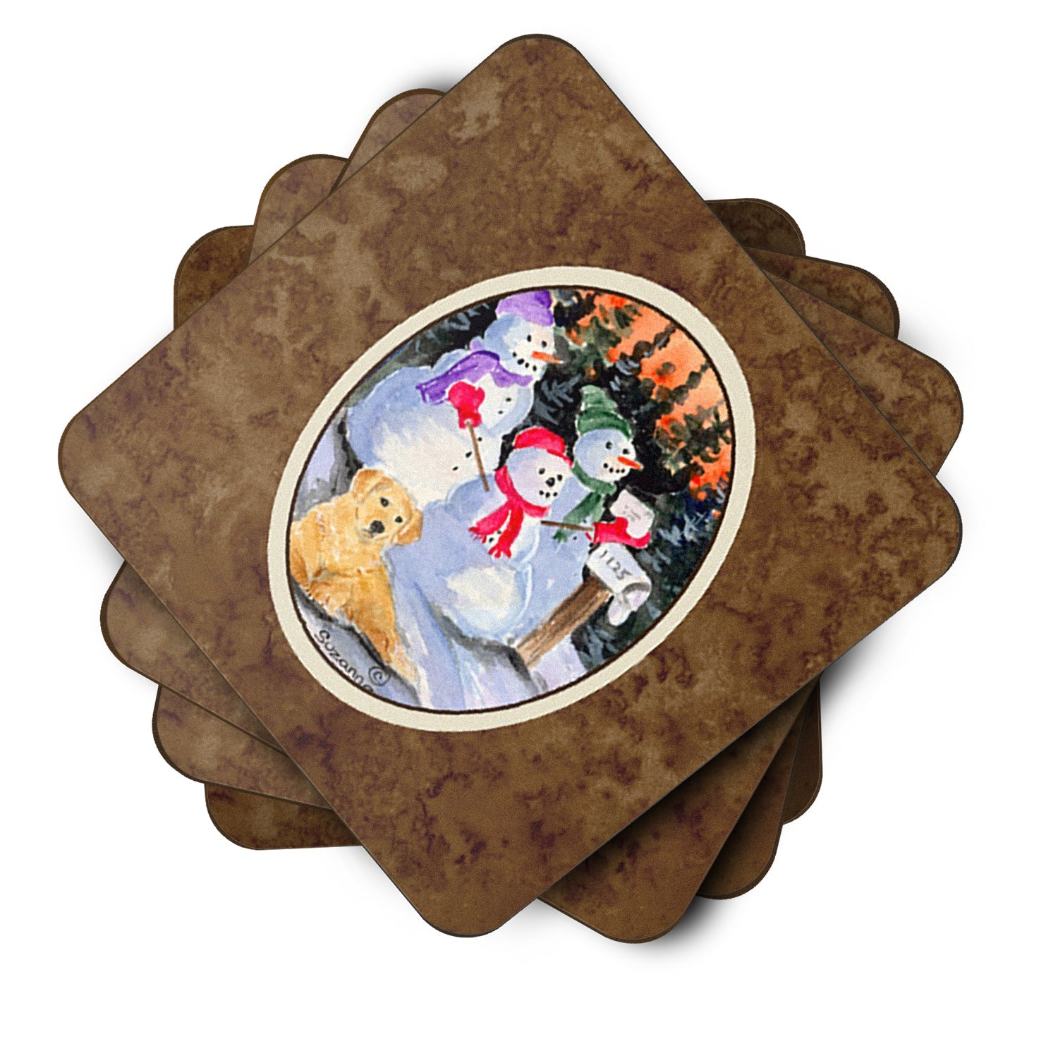Snowman with Golden Retriever Foam Coasters Set of 4 Cup Coasters for Indoor Outdoor, Tabletop Protection, Anti Slip, Mouse pad Material