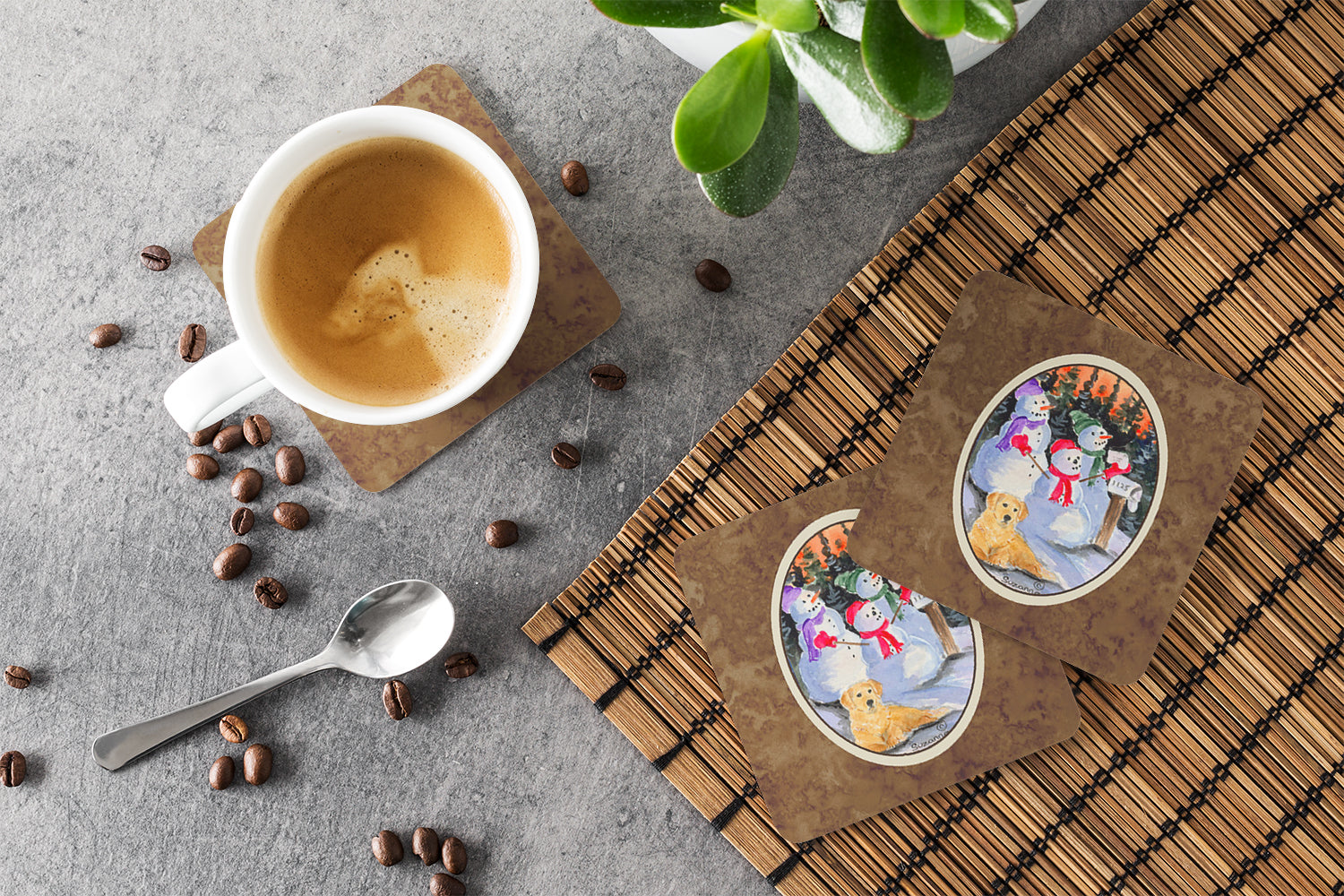 Snowman with Golden Retriever Foam Coasters Set of 4 Cup Coasters for Indoor Outdoor, Tabletop Protection, Anti Slip, Mouse pad Material